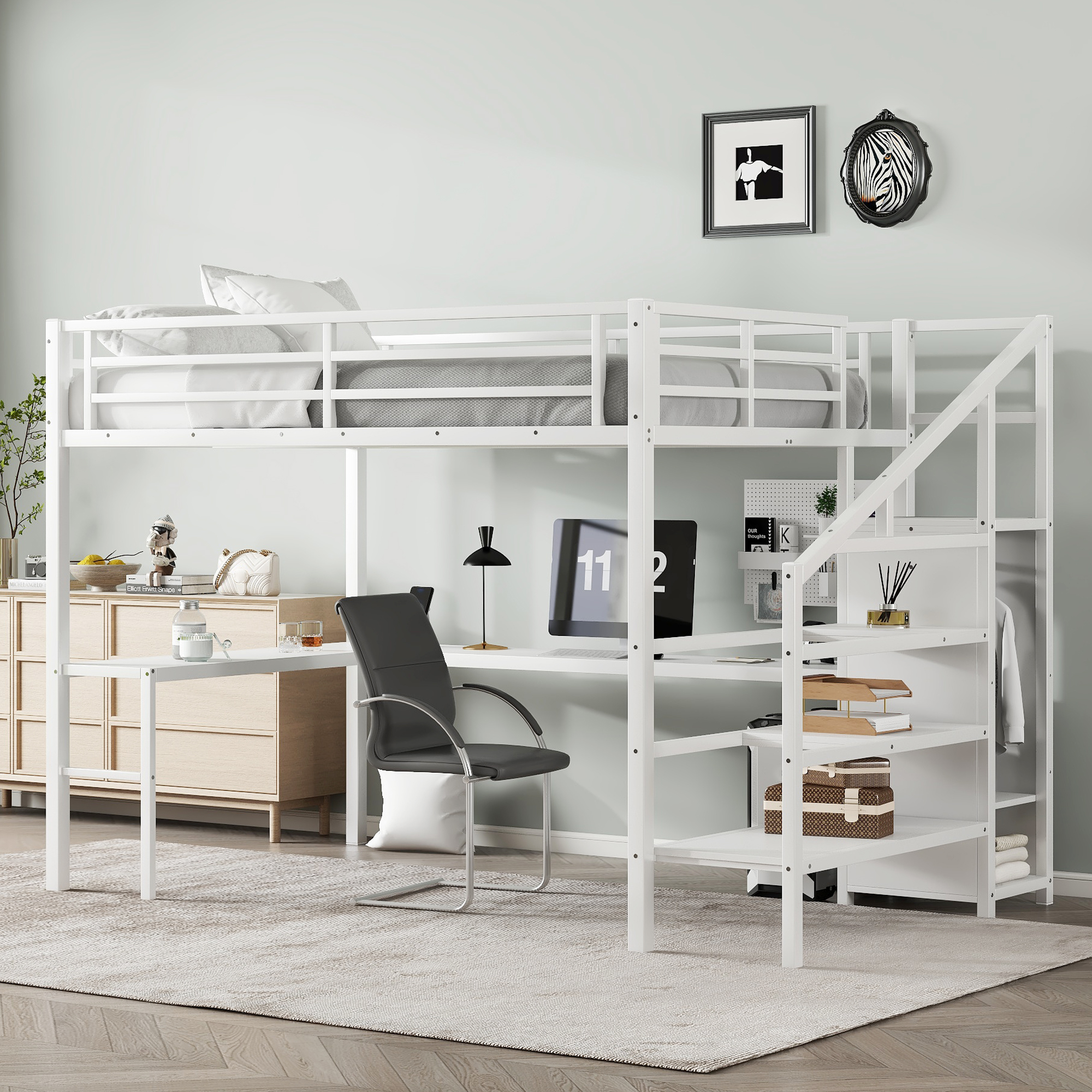 Queen Size Loft Bed with L-shaped Desk and USB, Metal Loft Bed with Wardrobe and Adjustable Shelf, High Loft Bed with LED for Kids Teens Adults, White - Image 3