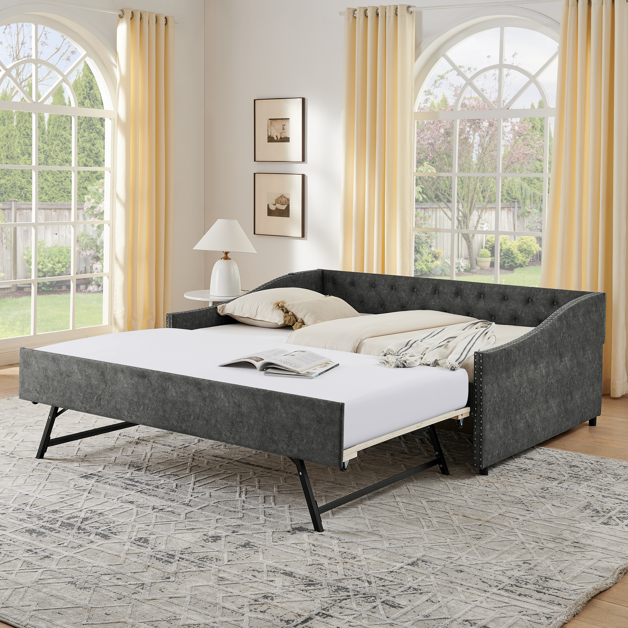 Full Size Daybed with USB Charging & Twin Size Pull-out Extendable Bed, with Button on Back and Copper Nail on Waved Shape Arms - Image 2