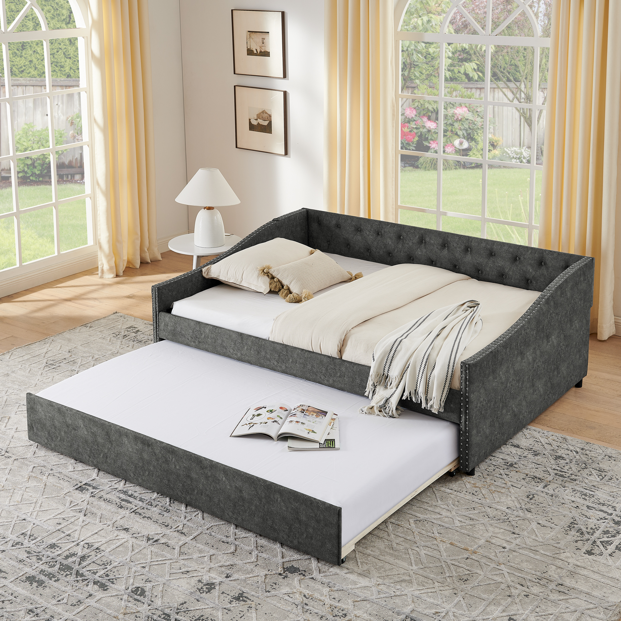 Full Size Daybed with USB Charging & Twin Size Pull-out Extendable Bed, with Button on Back and Copper Nail on Waved Shape Arms - Image 3