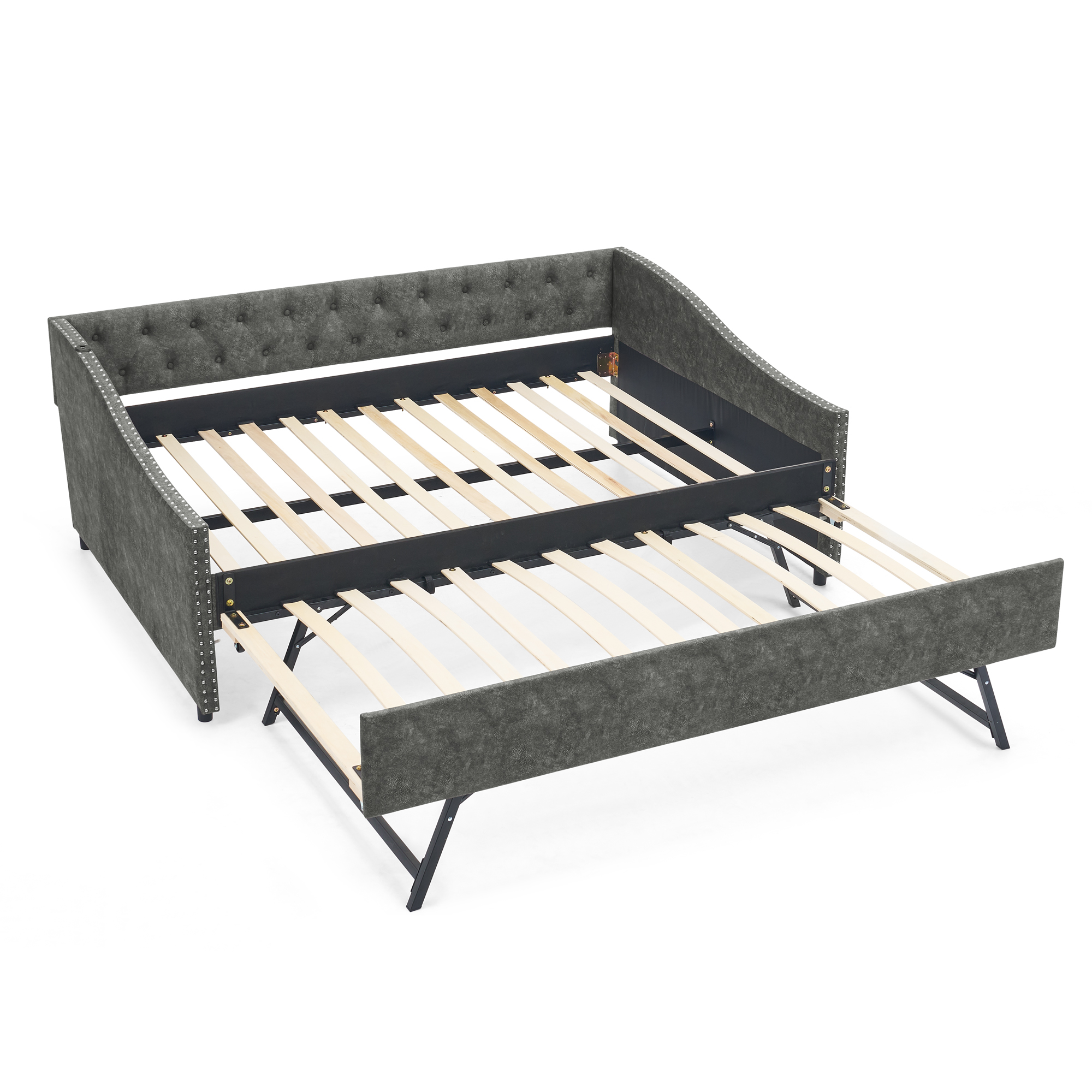 Full Size Daybed with USB Charging & Twin Size Pull-out Extendable Bed, with Button on Back and Copper Nail on Waved Shape Arms - Image 4