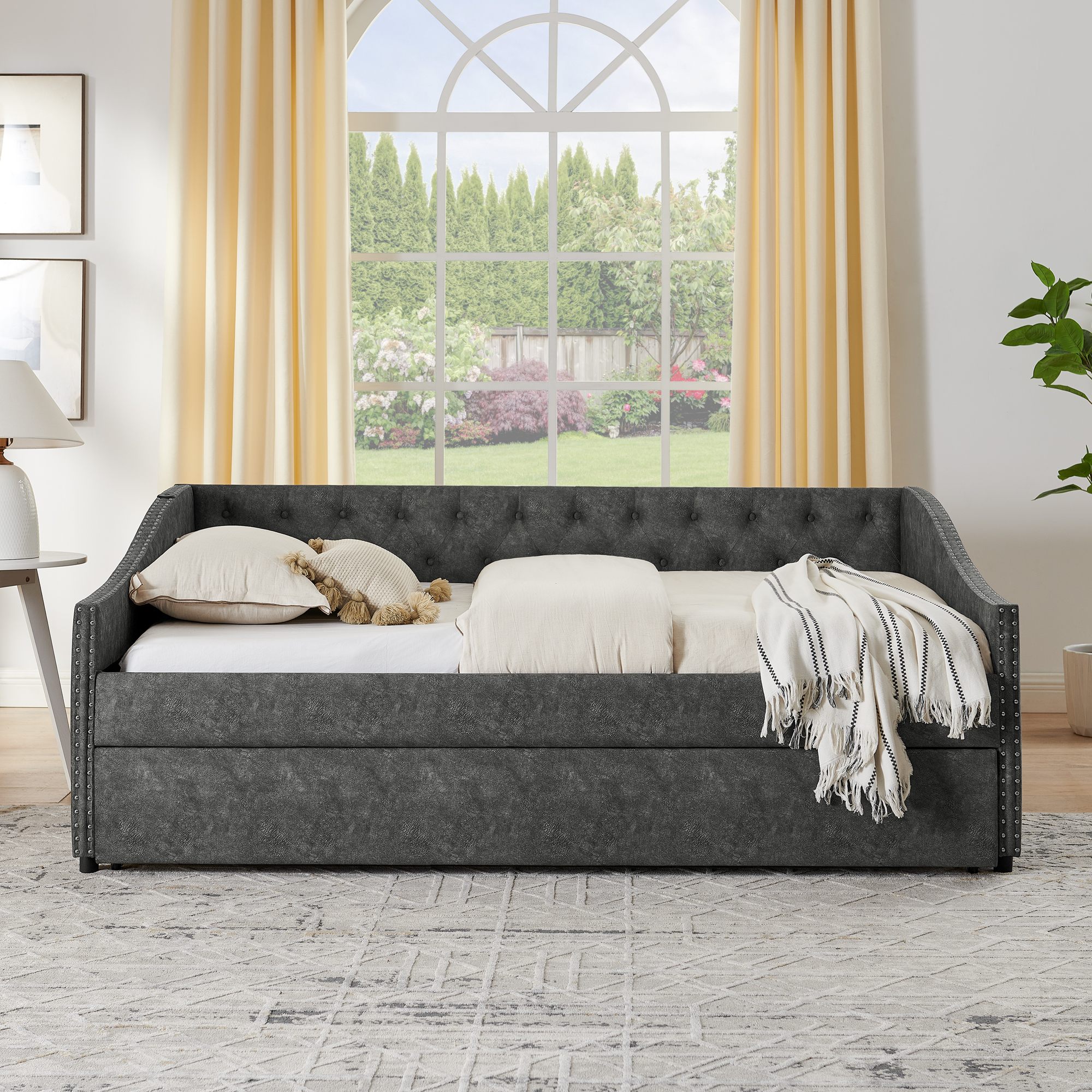 Full Size Daybed with USB Charging & Twin Size Pull-out Extendable Bed, with Button on Back and Copper Nail on Waved Shape Arms - Image 5