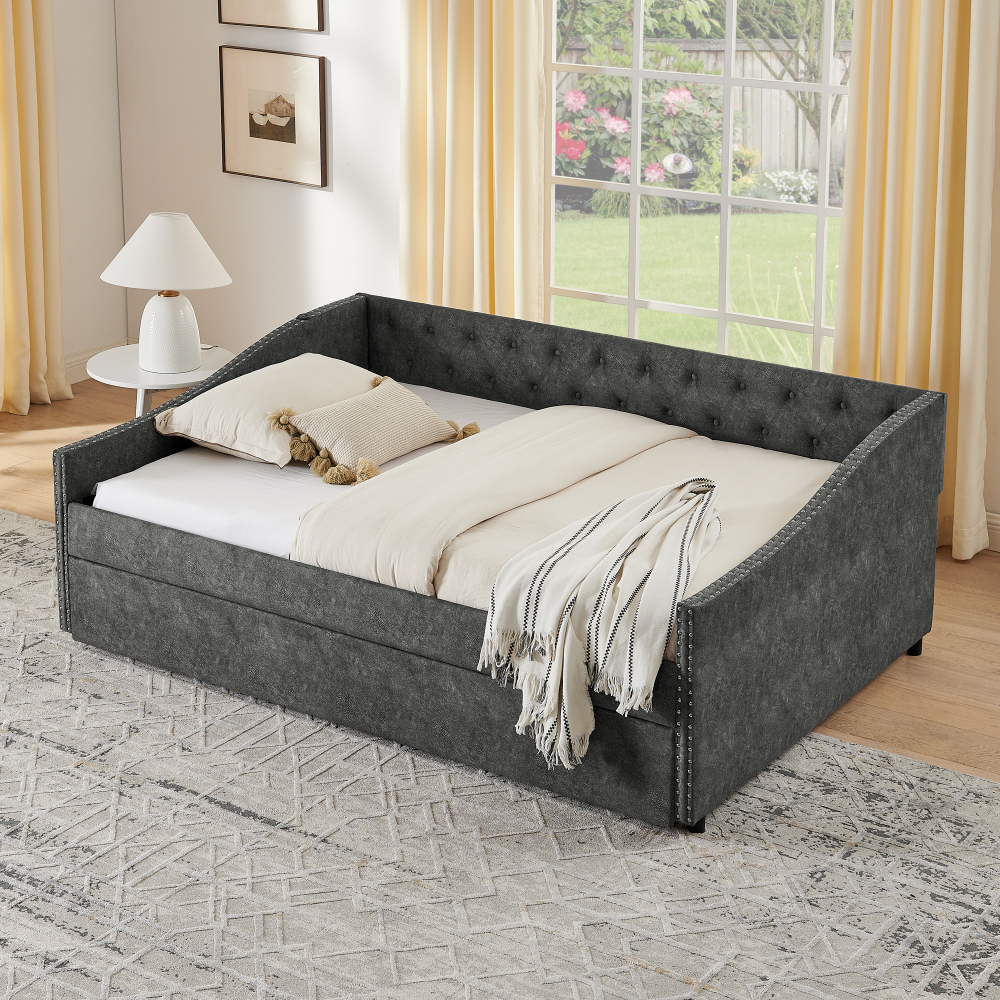 Full Size Daybed with USB Charging & Twin Size Pull-out Extendable Bed, with Button on Back and Copper Nail on Waved Shape Arms - Image 6