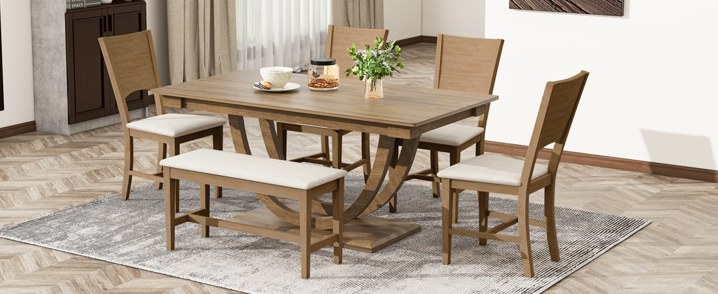 TOPMAX 6-Piece Wood Half Round Dining Table Set Kitchen Table Set with Long Bench and 4 Dining Chairs, Modern Style, Brown - Image 2