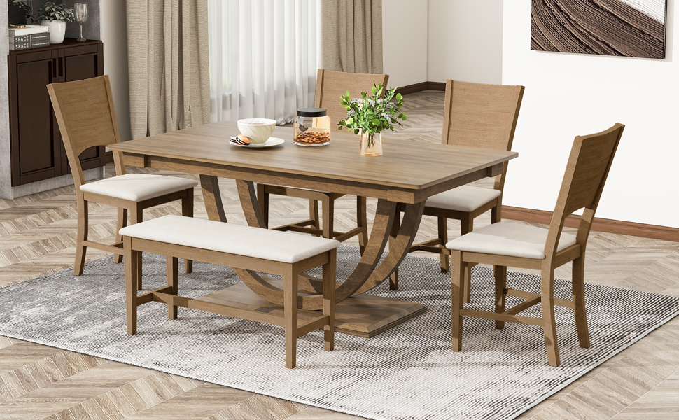 TOPMAX 6-Piece Wood Half Round Dining Table Set Kitchen Table Set with Long Bench and 4 Dining Chairs, Modern Style, Brown - Image 3