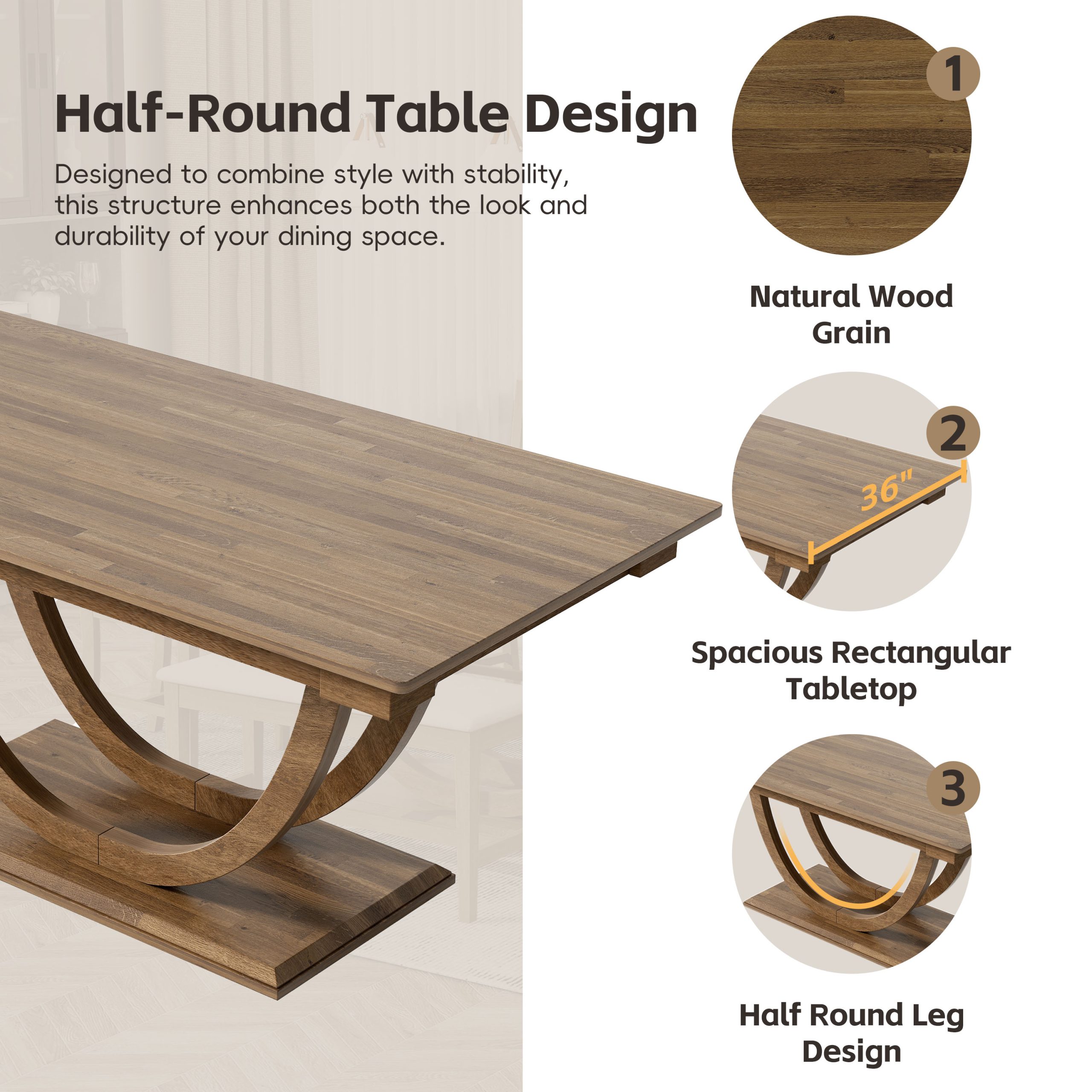 TOPMAX 6-Piece Wood Half Round Dining Table Set Kitchen Table Set with Long Bench and 4 Dining Chairs, Modern Style, Brown - Image 4