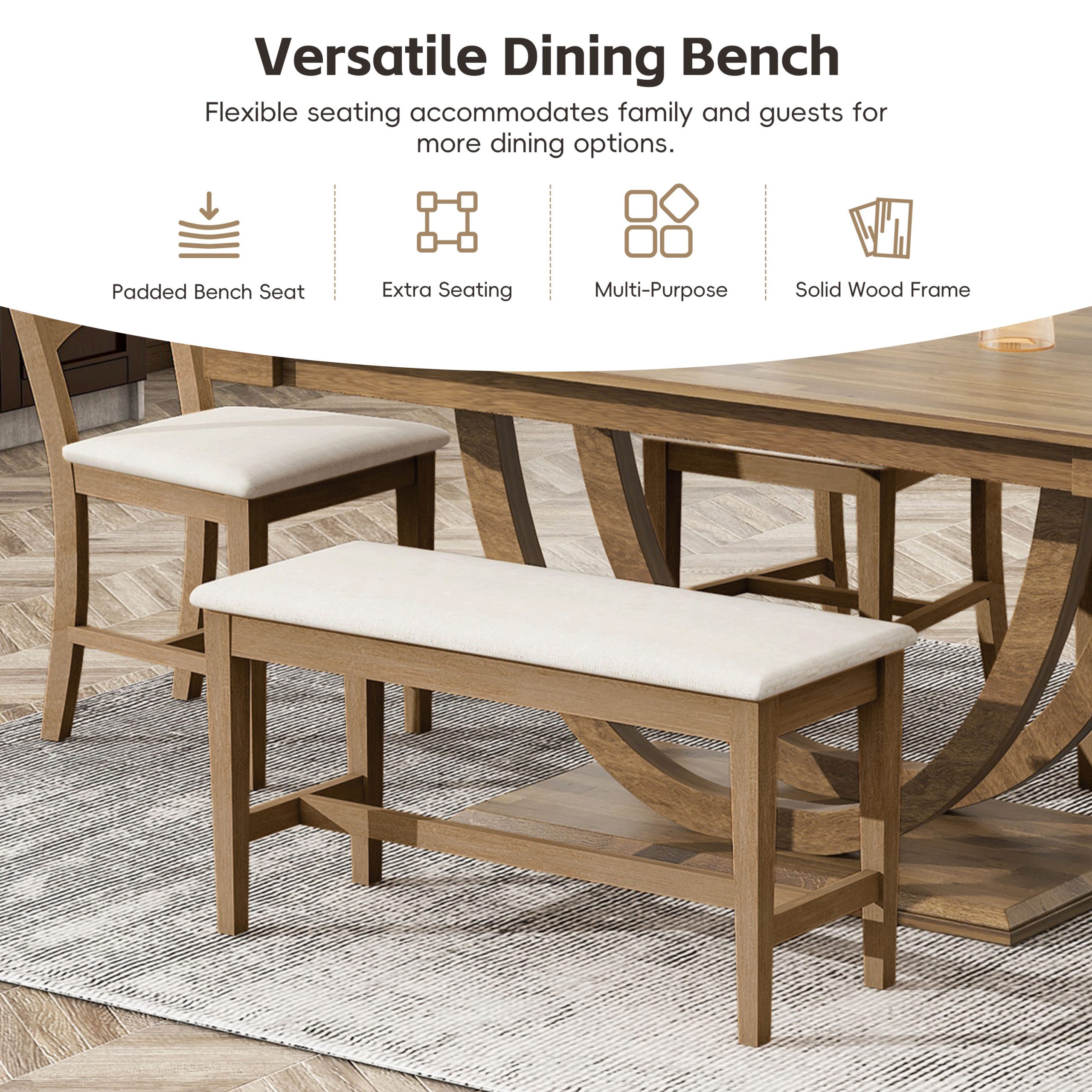 TOPMAX 6-Piece Wood Half Round Dining Table Set Kitchen Table Set with Long Bench and 4 Dining Chairs, Modern Style, Brown - Image 6