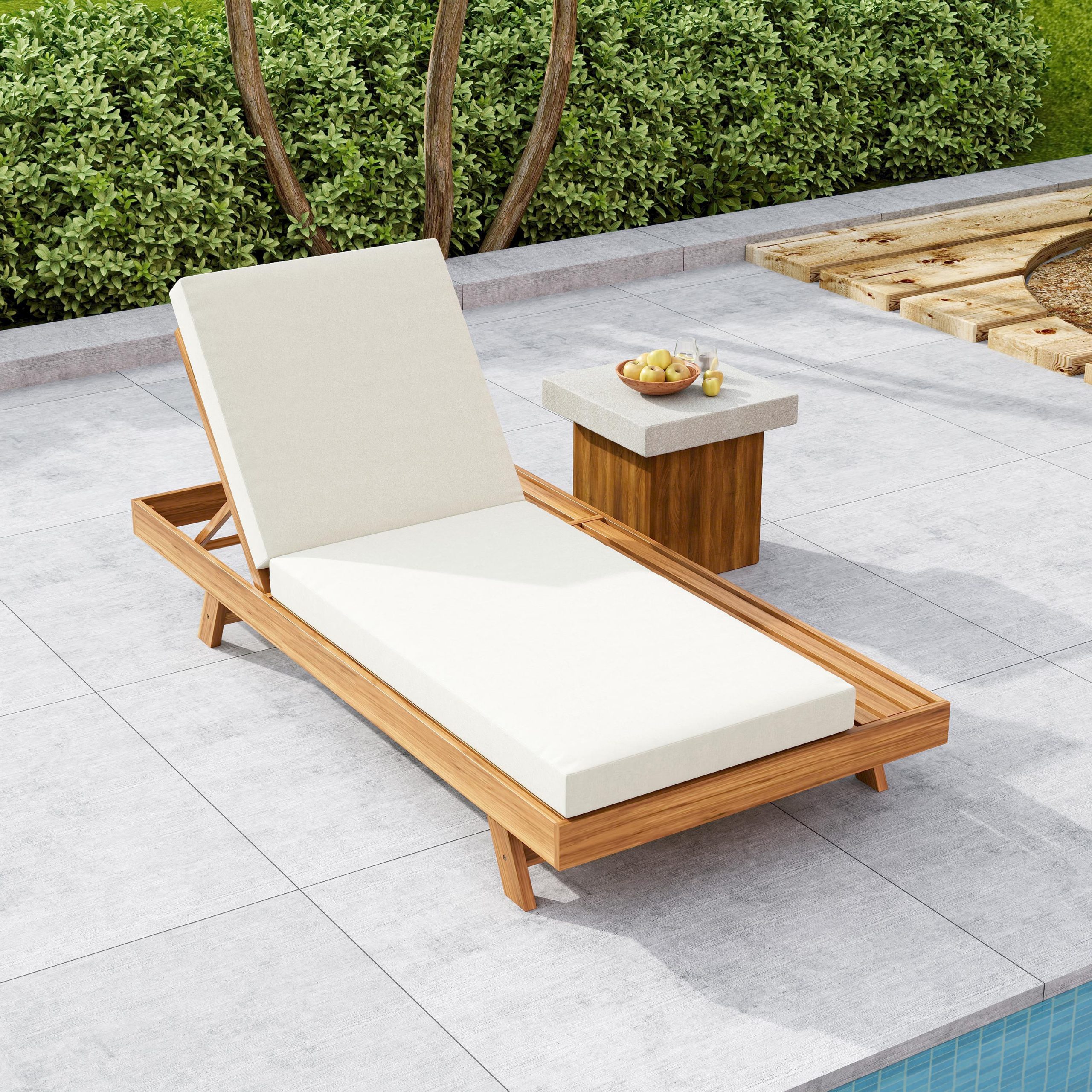 LOUNGE CHAISE SET, SPACE AVAILABLE ON ONE SIDE,ACACIA WOOD WITH WATER-RESISTANT LOUNGE CUSHIONS (CREAM & 4 INCH THICK) - MATCHING DARK GREY VERSION AVAILABLE - Image 2