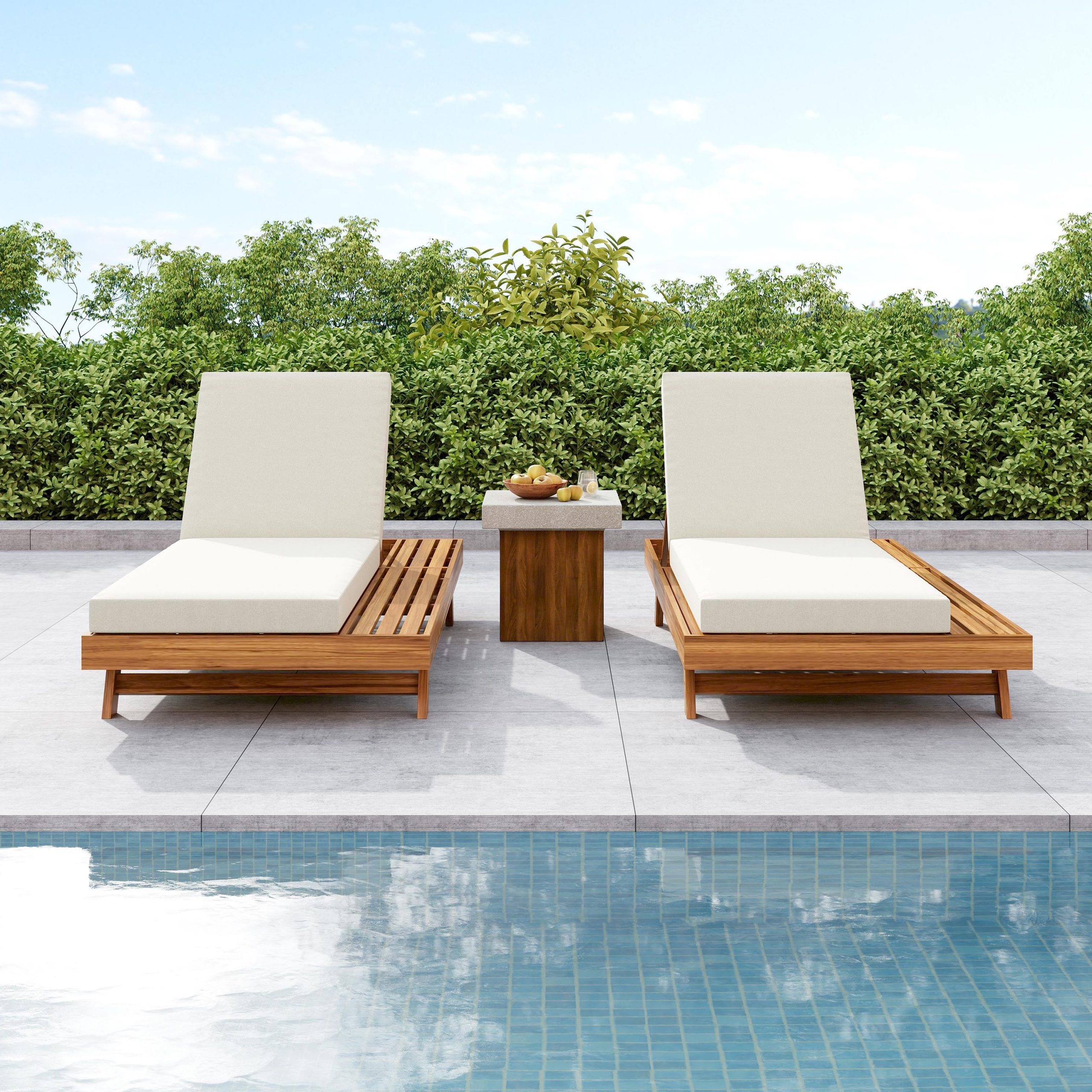 LOUNGE CHAISE SET, SPACE AVAILABLE ON ONE SIDE,ACACIA WOOD WITH WATER-RESISTANT LOUNGE CUSHIONS (CREAM & 4 INCH THICK) - MATCHING DARK GREY VERSION AVAILABLE - Image 5