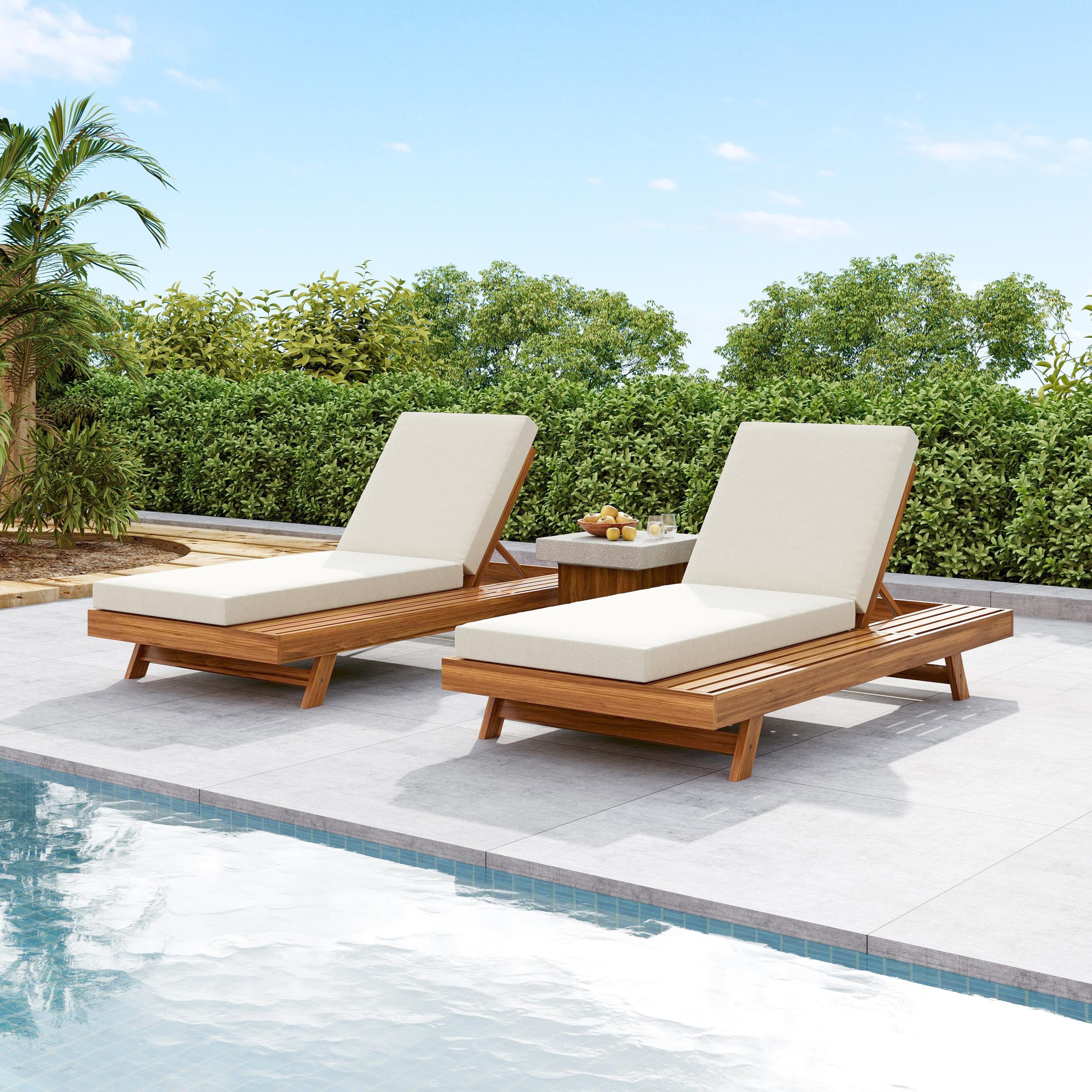 LOUNGE CHAISE SET, SPACE AVAILABLE ON ONE SIDE,ACACIA WOOD WITH WATER-RESISTANT LOUNGE CUSHIONS (CREAM & 4 INCH THICK) - MATCHING DARK GREY VERSION AVAILABLE - Image 6