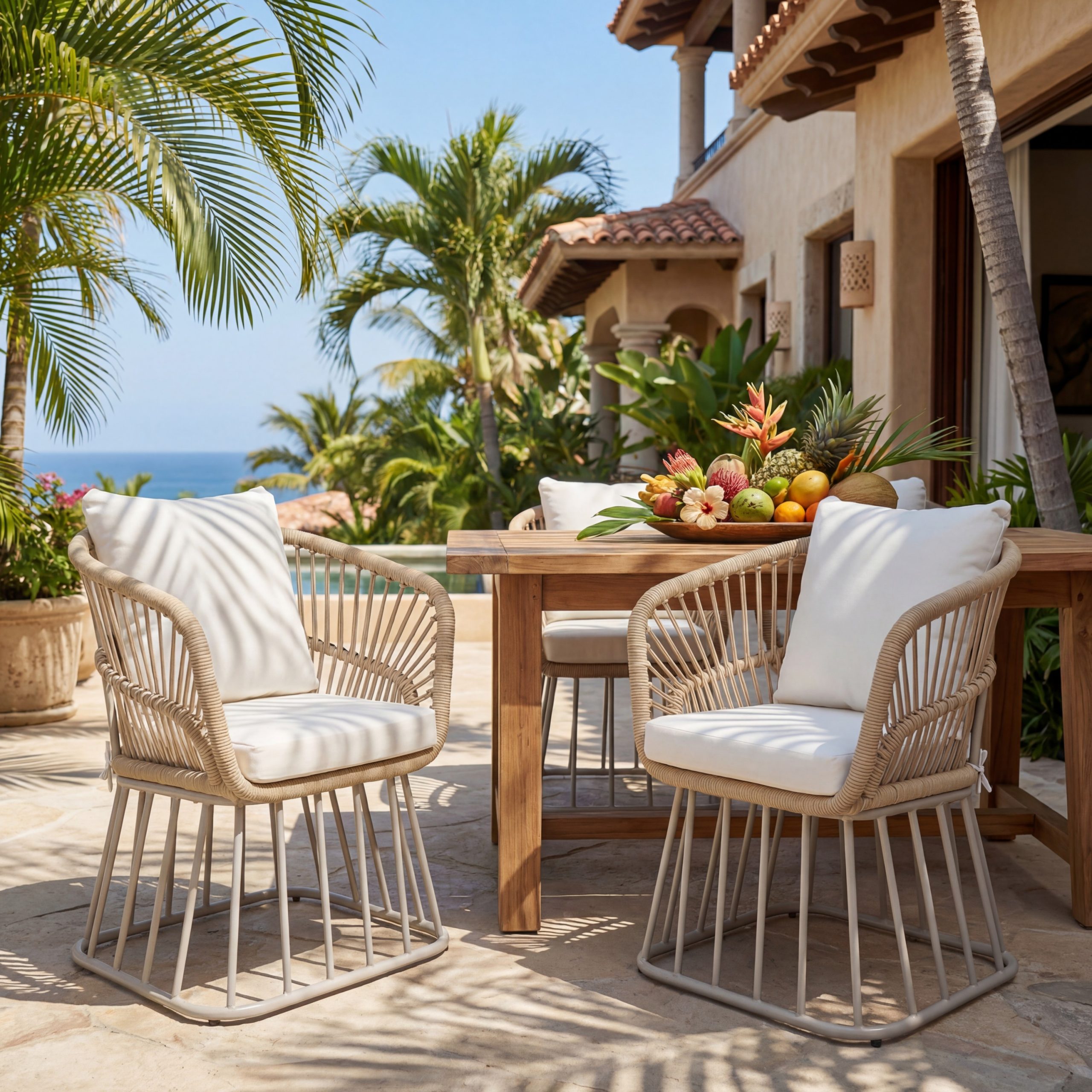 Outdoor Dining Chair MP1 - Teak Finish Wicker & Beige Steel Frame, 300LBS Weight Capacity, Includes Cushion - Image 6