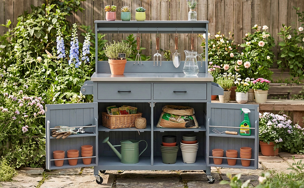 K&K 54.1" Outdoor Kitchen Island with High Shelf, Large Outdoor Potting Bench Table with Stainless Steel Top and Storage Cabinet, Solid Wood Grill Cart With Lockable Wheels for BBQ, Garden, Grey Blue - Image 5