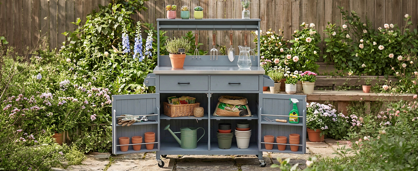 K&K 54.1" Outdoor Kitchen Island with High Shelf, Large Outdoor Potting Bench Table with Stainless Steel Top and Storage Cabinet, Solid Wood Grill Cart With Lockable Wheels for BBQ, Garden, Grey Blue - Image 6