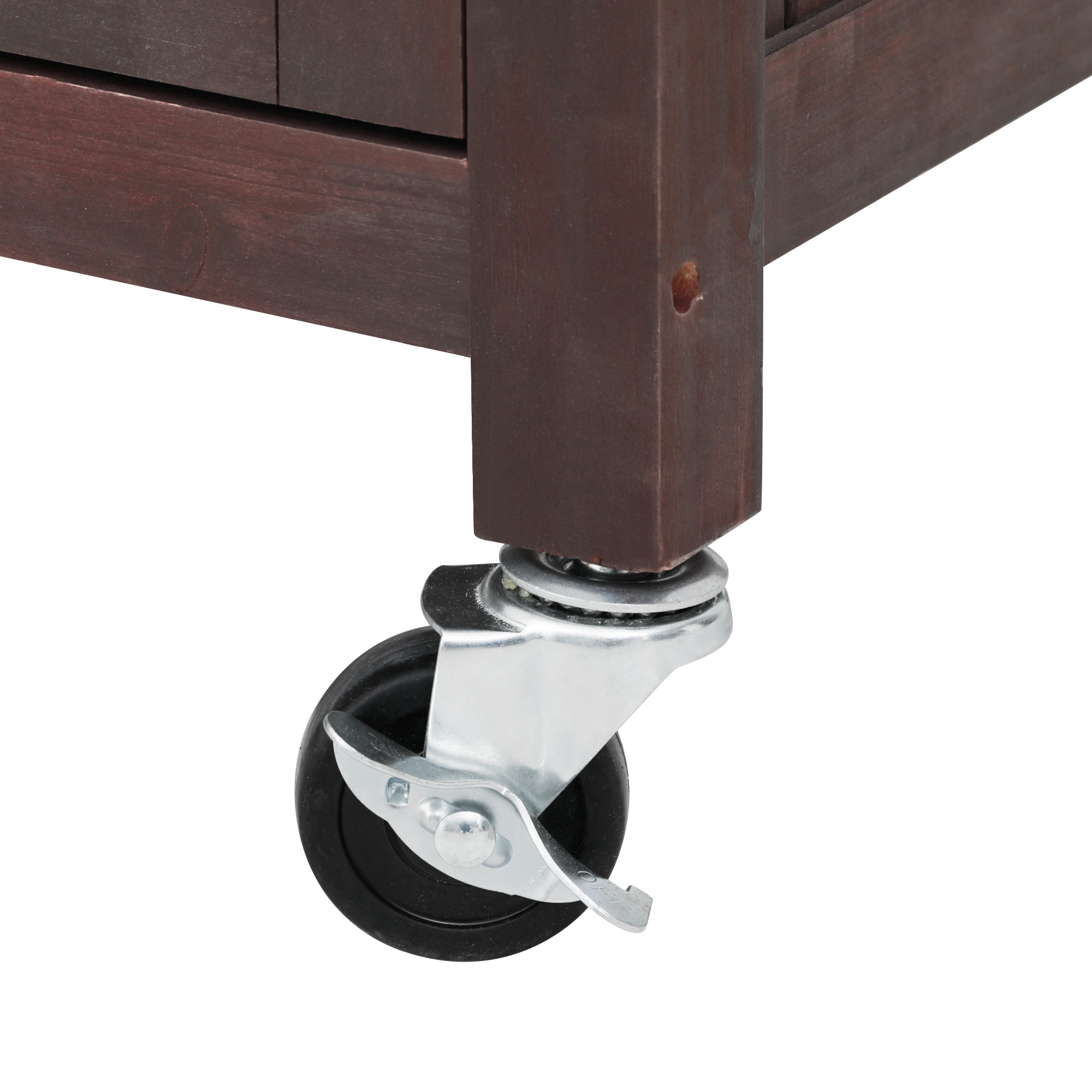 K&K 54.1" Outdoor Kitchen Island with High Shelf, Large Outdoor Potting Bench Table with Stainless Steel Top and Storage Cabinet, Solid Wood Grill Cart With Lockable Wheels for BBQ, Garden, Brown - Image 2