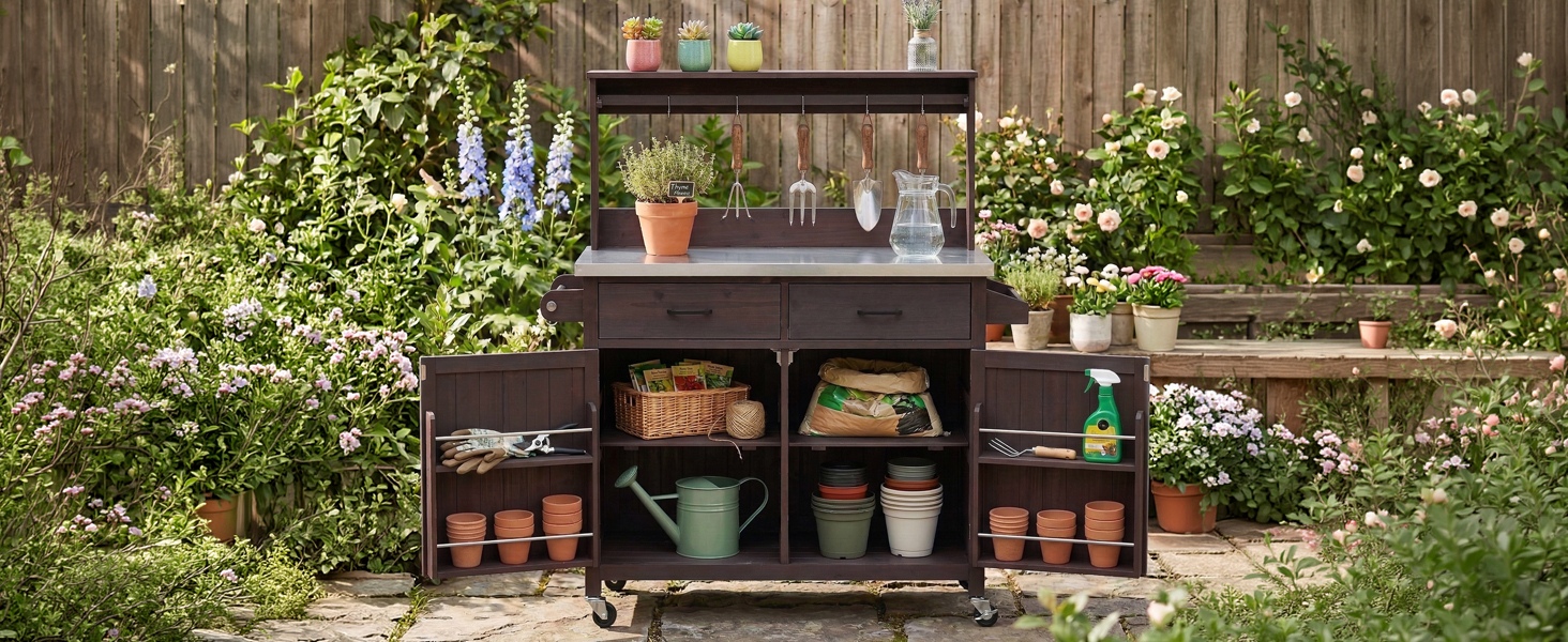 K&K 54.1" Outdoor Kitchen Island with High Shelf, Large Outdoor Potting Bench Table with Stainless Steel Top and Storage Cabinet, Solid Wood Grill Cart With Lockable Wheels for BBQ, Garden, Brown - Image 5