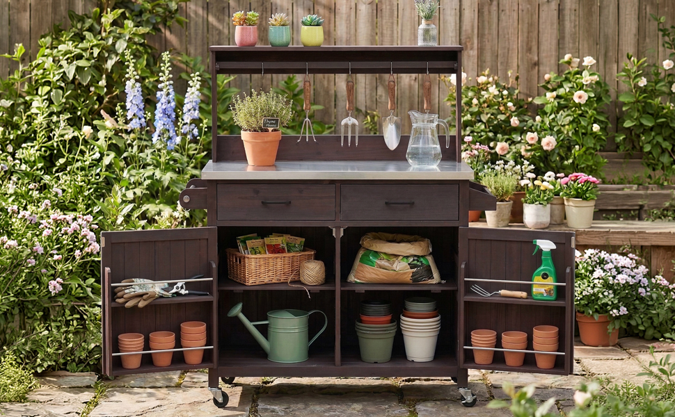 K&K 54.1" Outdoor Kitchen Island with High Shelf, Large Outdoor Potting Bench Table with Stainless Steel Top and Storage Cabinet, Solid Wood Grill Cart With Lockable Wheels for BBQ, Garden, Brown - Image 6