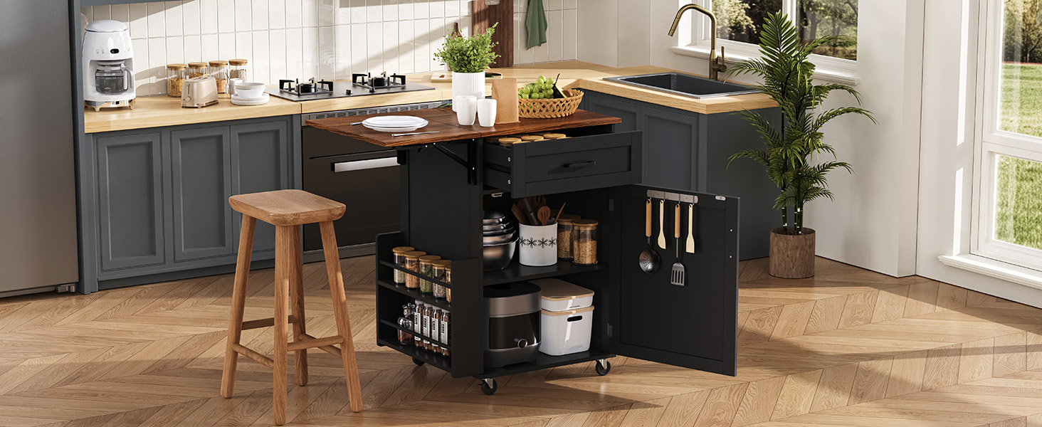 K&K 39.3" Farmhouse Kitchen Island with Drop Leaf, Kitchen Storage Island with Open Side Rack, One Drawer, Towel Rack, Rolling Kitchen Cart with Lockable Wheels for Lawn Garden, Black - Image 6