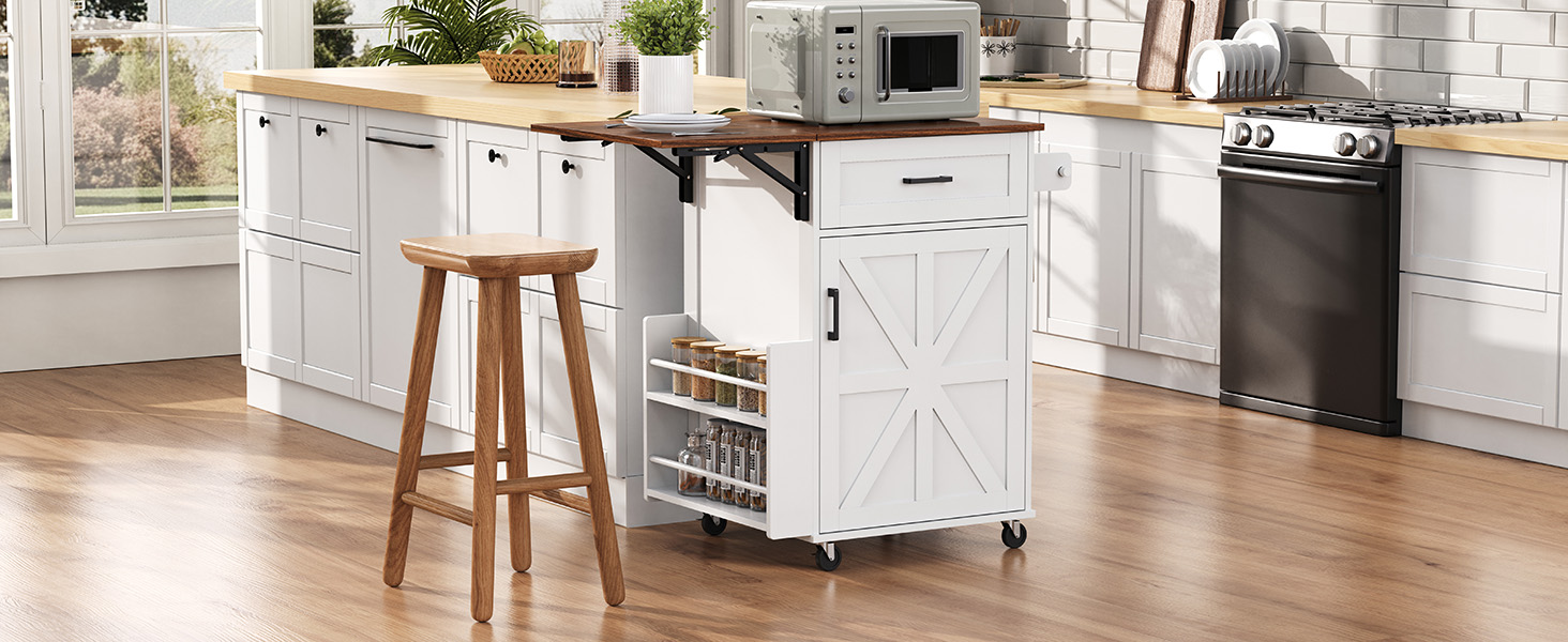 K&K 39.3" Farmhouse Kitchen Island with Drop Leaf, Kitchen Storage Island with Open Side Rack, One Drawer, Towel Rack, Rolling Kitchen Cart with Lockable Wheels for Lawn Garden, White - Image 6