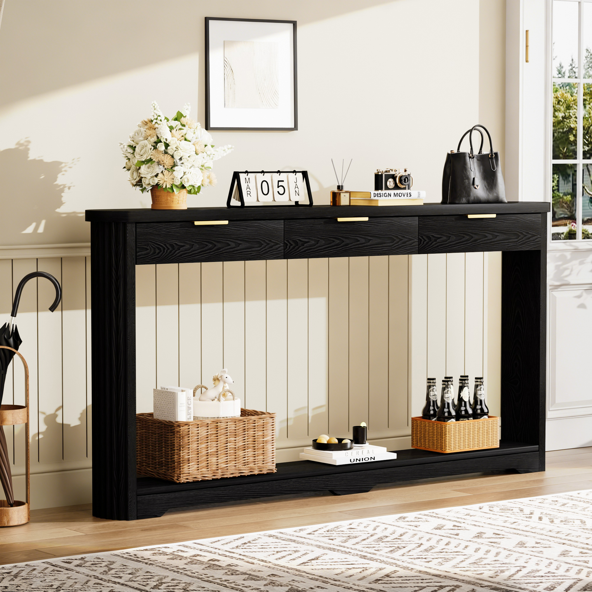 70.1" Wavy-Patterned Storage Table with Drawers; a slim wooden side table that can be placed behind a sofa, ideal for entryways, hallways, and doorways.Black.70.1"L*8.7"W*35.5"H - Image 2