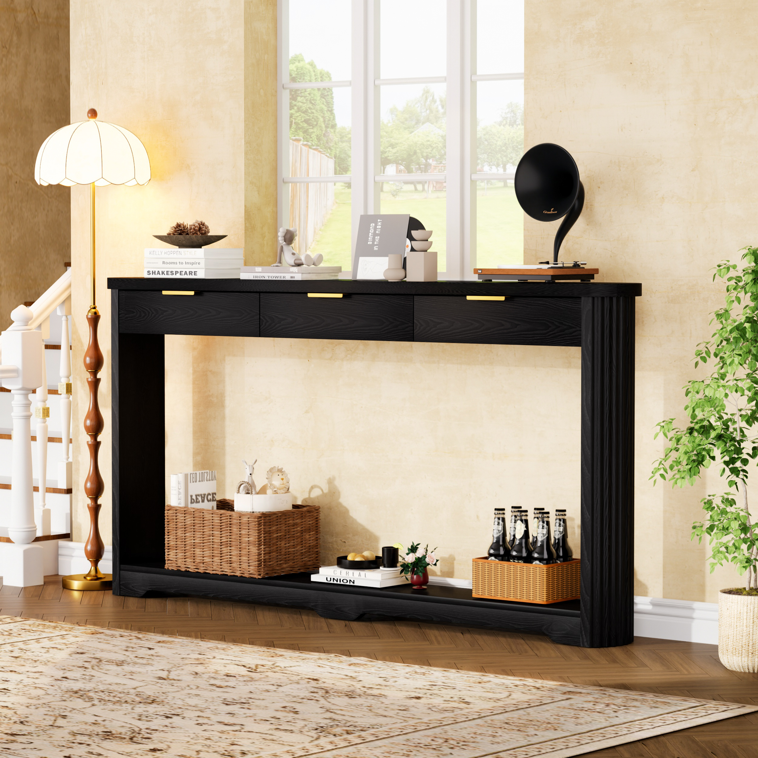 70.1" Wavy-Patterned Storage Table with Drawers; a slim wooden side table that can be placed behind a sofa, ideal for entryways, hallways, and doorways.Black.70.1"L*8.7"W*35.5"H - Image 3