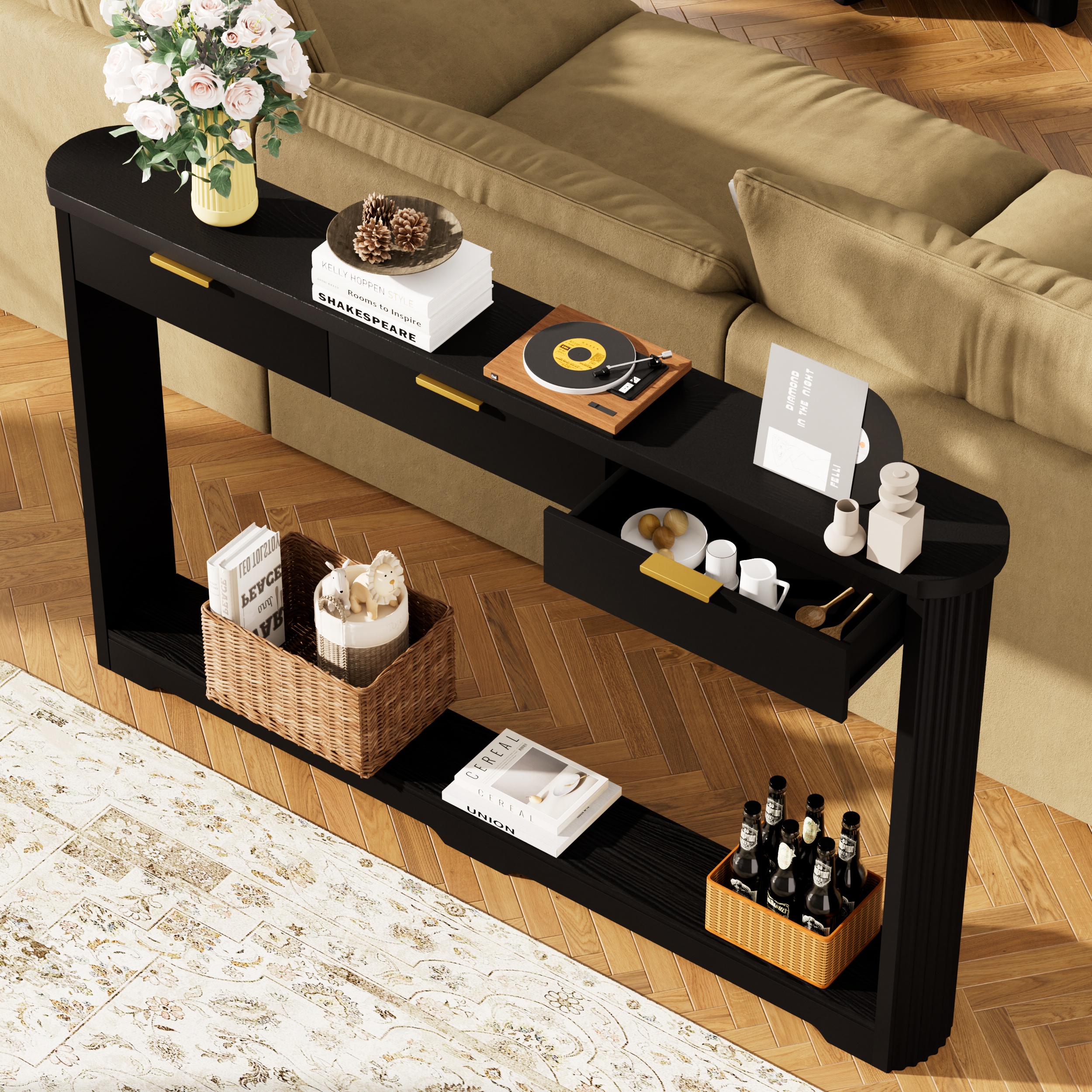 70.1" Wavy-Patterned Storage Table with Drawers; a slim wooden side table that can be placed behind a sofa, ideal for entryways, hallways, and doorways.Black.70.1"L*8.7"W*35.5"H - Image 4