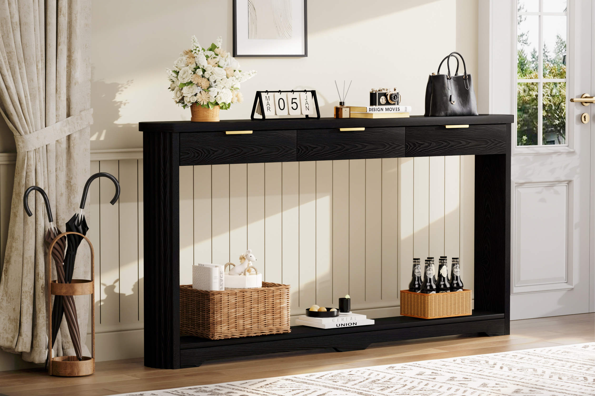 70.1" Wavy-Patterned Storage Table with Drawers; a slim wooden side table that can be placed behind a sofa, ideal for entryways, hallways, and doorways.Black.70.1"L*8.7"W*35.5"H - Image 6