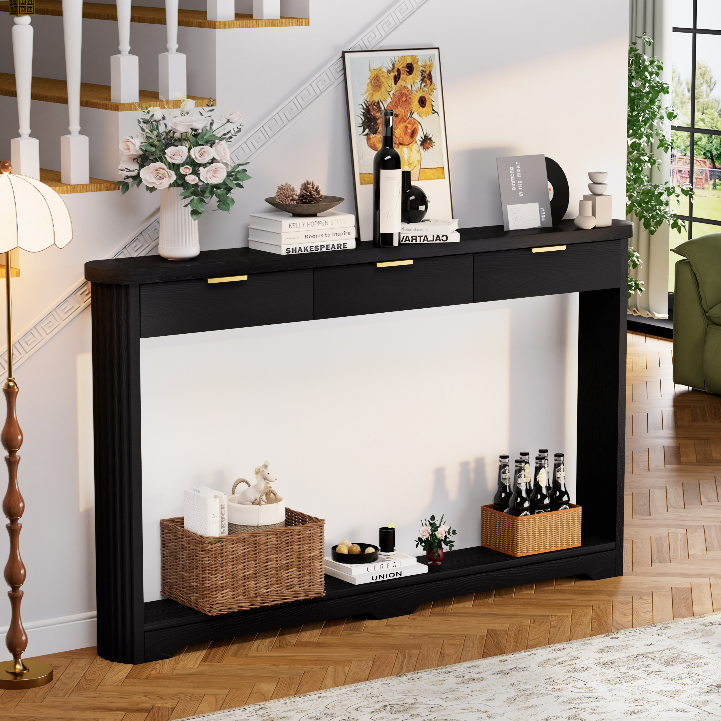70.1" Wavy-Patterned Storage Table with Drawers; a slim wooden side table that can be placed behind a sofa, ideal for entryways, hallways, and doorways.Black.70.1"L*8.7"W*35.5"H - Image 5