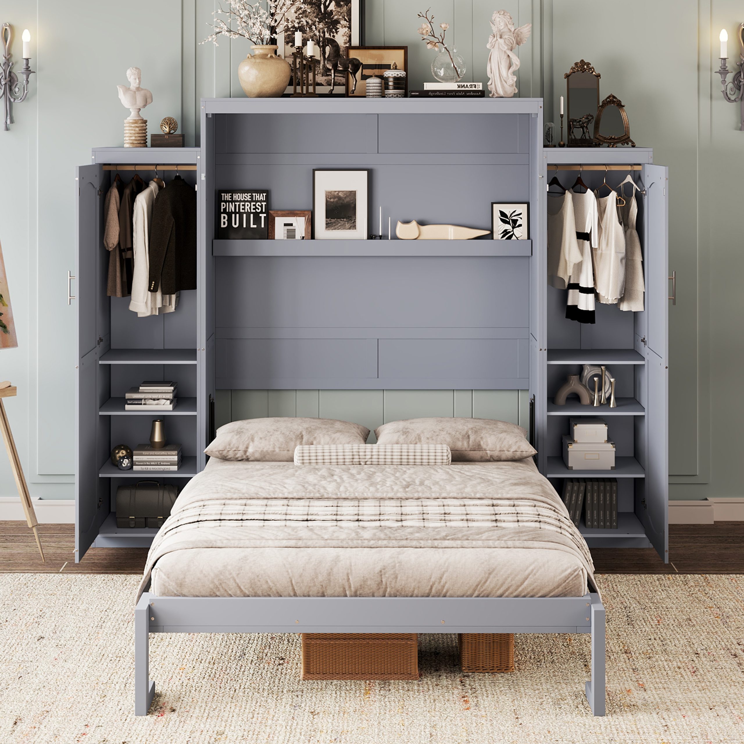 Queen Size Murphy Bed, Wooden Queen Wall Bed with 2 Wardrobe and Storage Shelf, Multifunctional Foldable Platform Bedframe for Guest-Room, Bedroom, Gray (Old SKU: N733S235627E) - Image 2