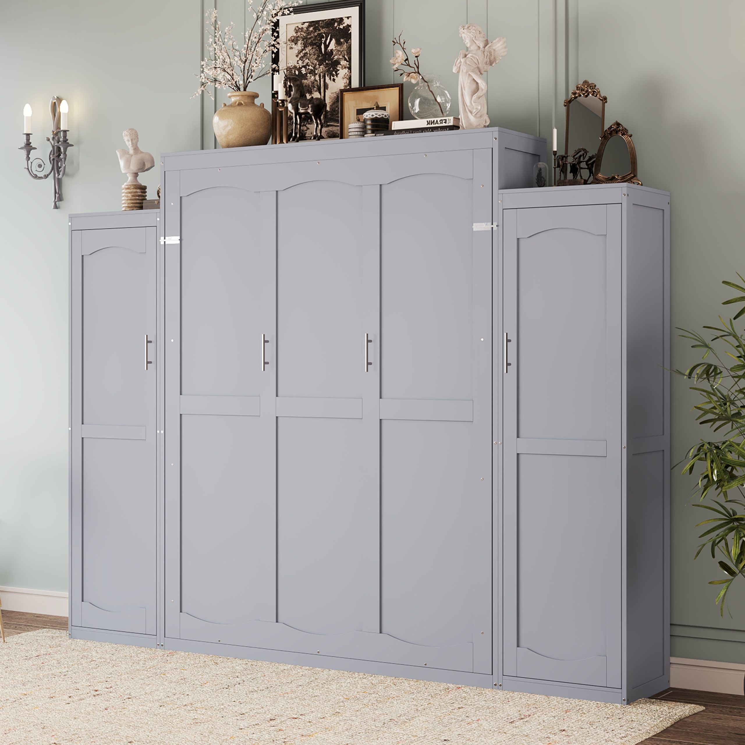 Queen Size Murphy Bed, Wooden Queen Wall Bed with 2 Wardrobe and Storage Shelf, Multifunctional Foldable Platform Bedframe for Guest-Room, Bedroom, Gray (Old SKU: N733S235627E) - Image 3