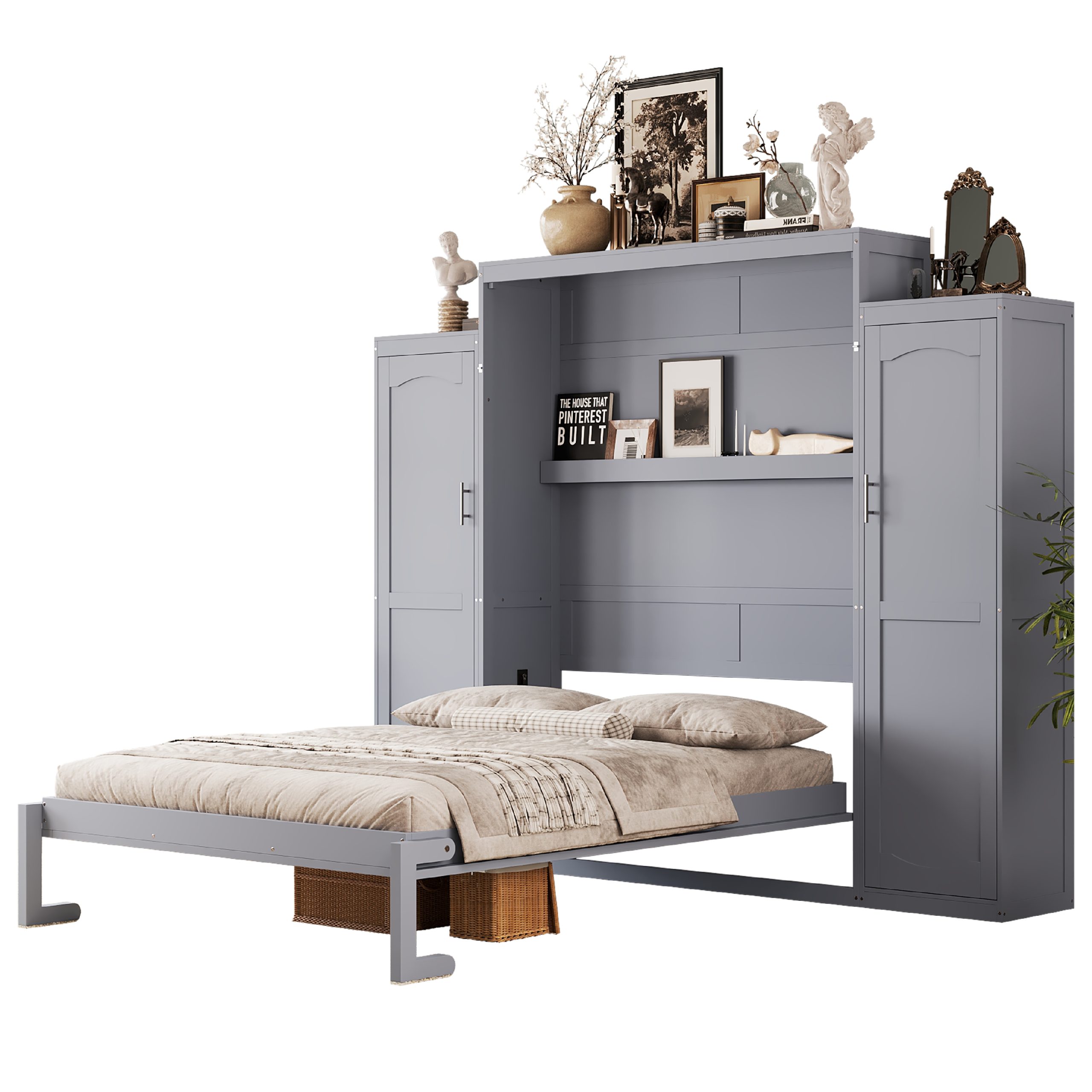 Queen Size Murphy Bed, Wooden Queen Wall Bed with 2 Wardrobe and Storage Shelf, Multifunctional Foldable Platform Bedframe for Guest-Room, Bedroom, Gray (Old SKU: N733S235627E) - Image 4