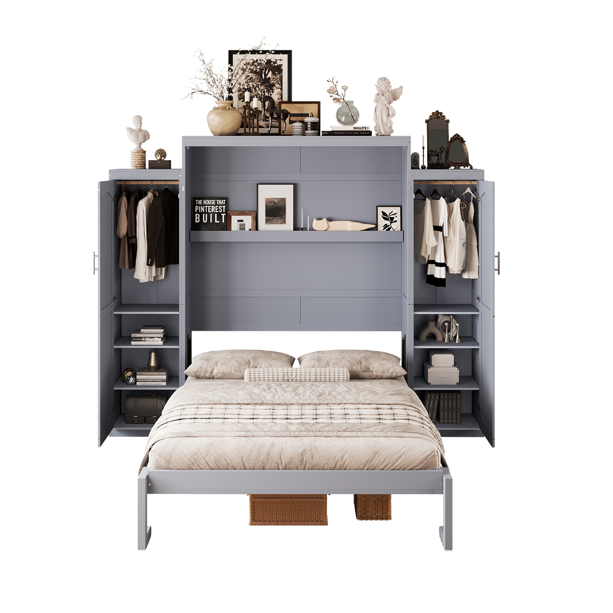 Queen Size Murphy Bed, Wooden Queen Wall Bed with 2 Wardrobe and Storage Shelf, Multifunctional Foldable Platform Bedframe for Guest-Room, Bedroom, Gray (Old SKU: N733S235627E) - Image 5