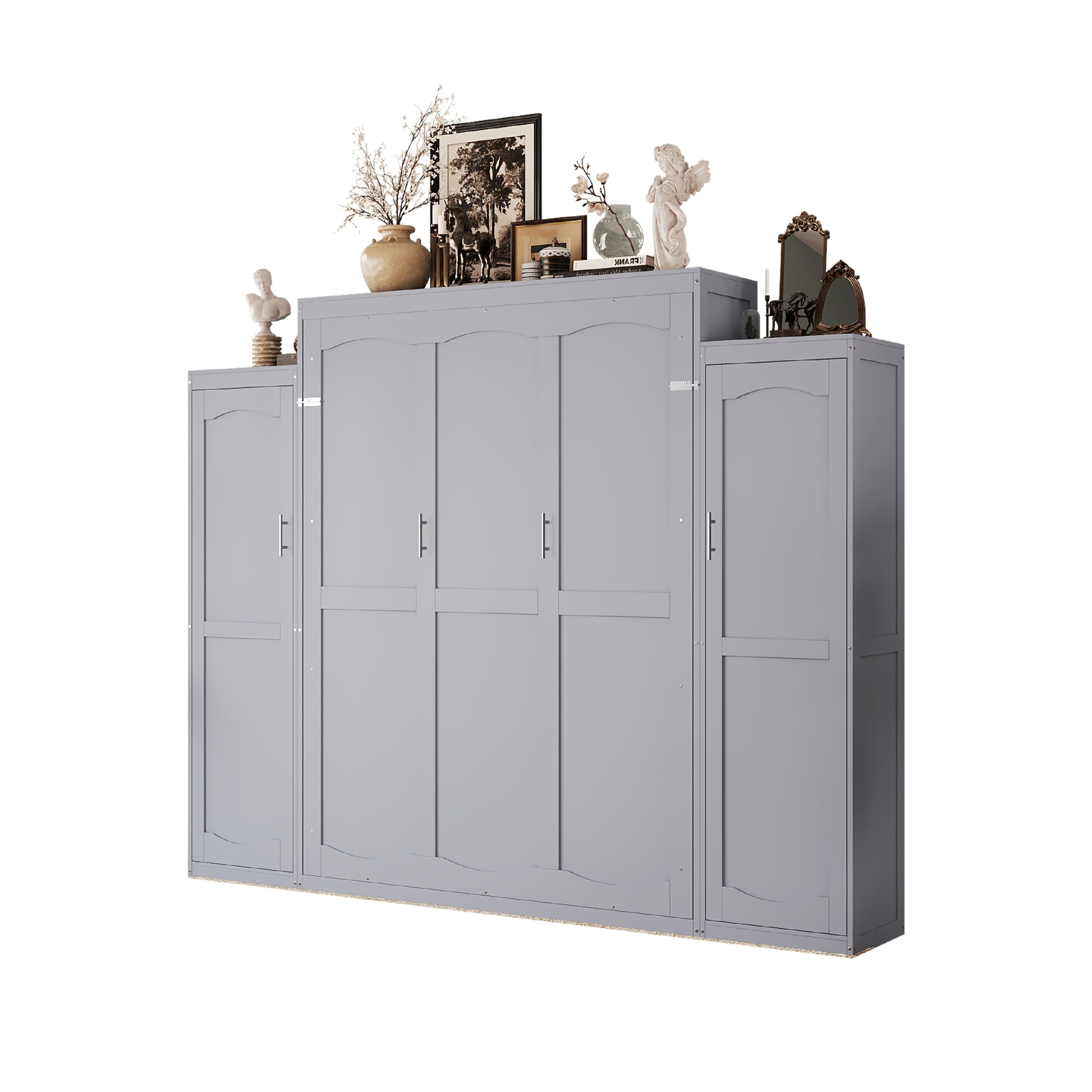 Queen Size Murphy Bed, Wooden Queen Wall Bed with 2 Wardrobe and Storage Shelf, Multifunctional Foldable Platform Bedframe for Guest-Room, Bedroom, Gray (Old SKU: N733S235627E) - Image 6