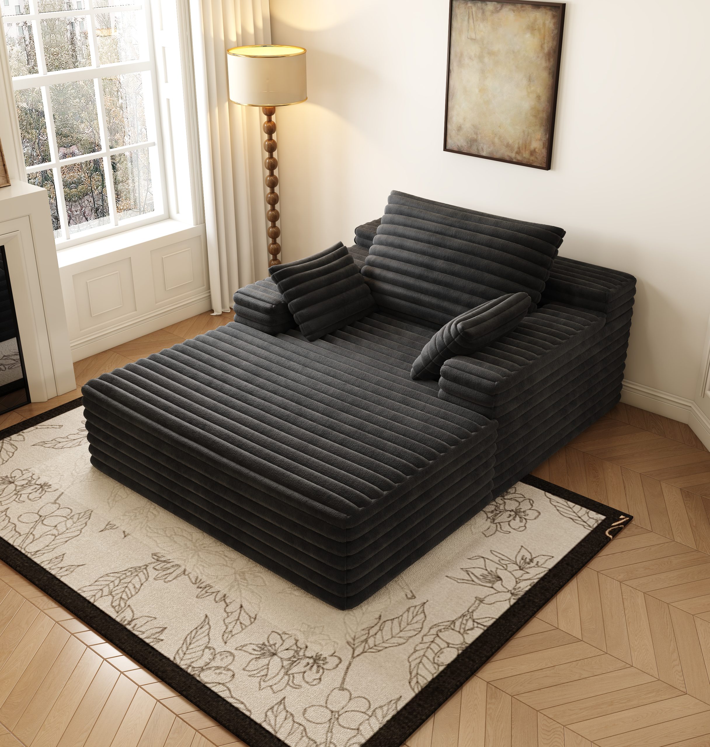 63"*47"odern Sofa bed lounger for moviebonus room,No Assembly Required,Black(Plush Corduroy Fabric) - Image 3