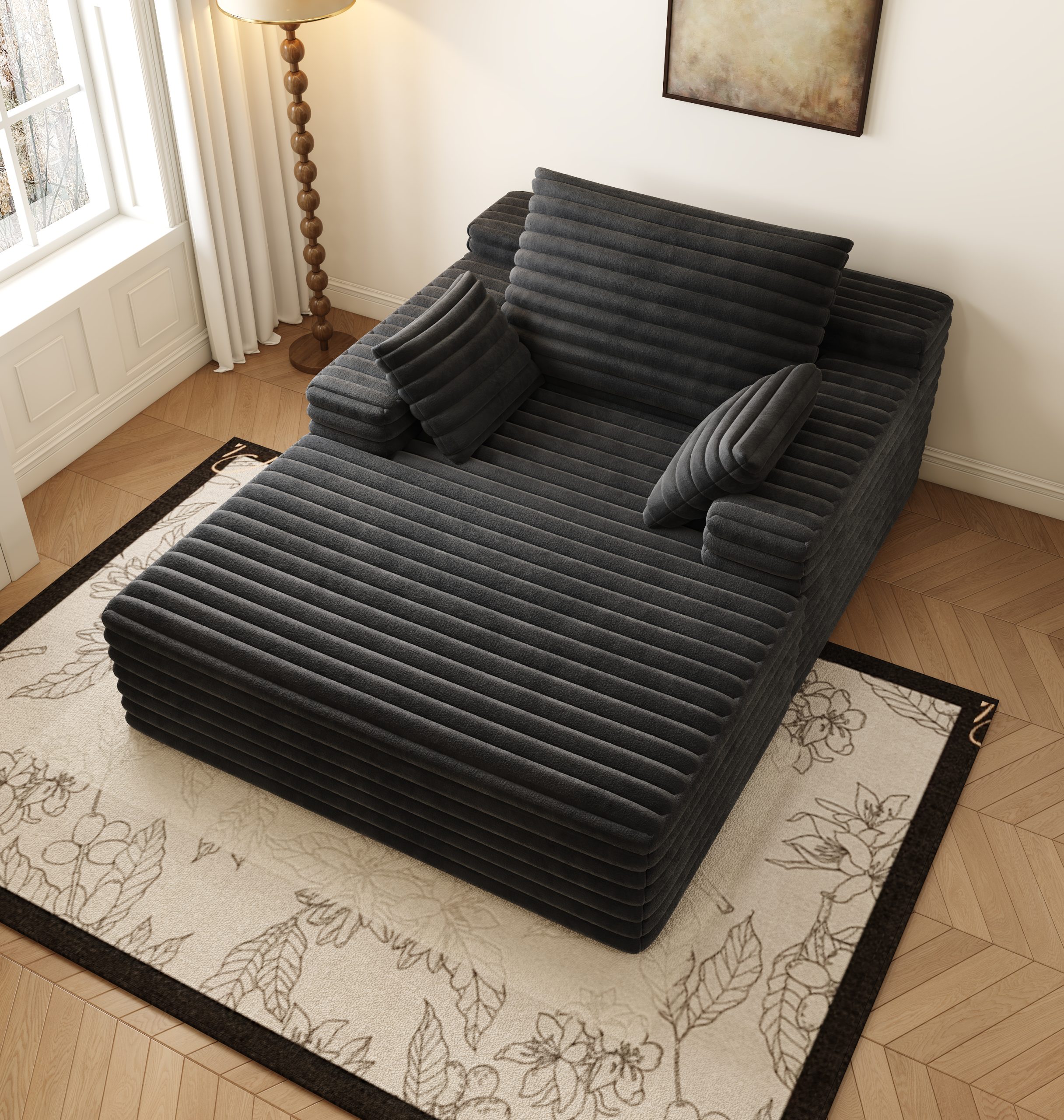 63"*47"odern Sofa bed lounger for moviebonus room,No Assembly Required,Black(Plush Corduroy Fabric) - Image 4