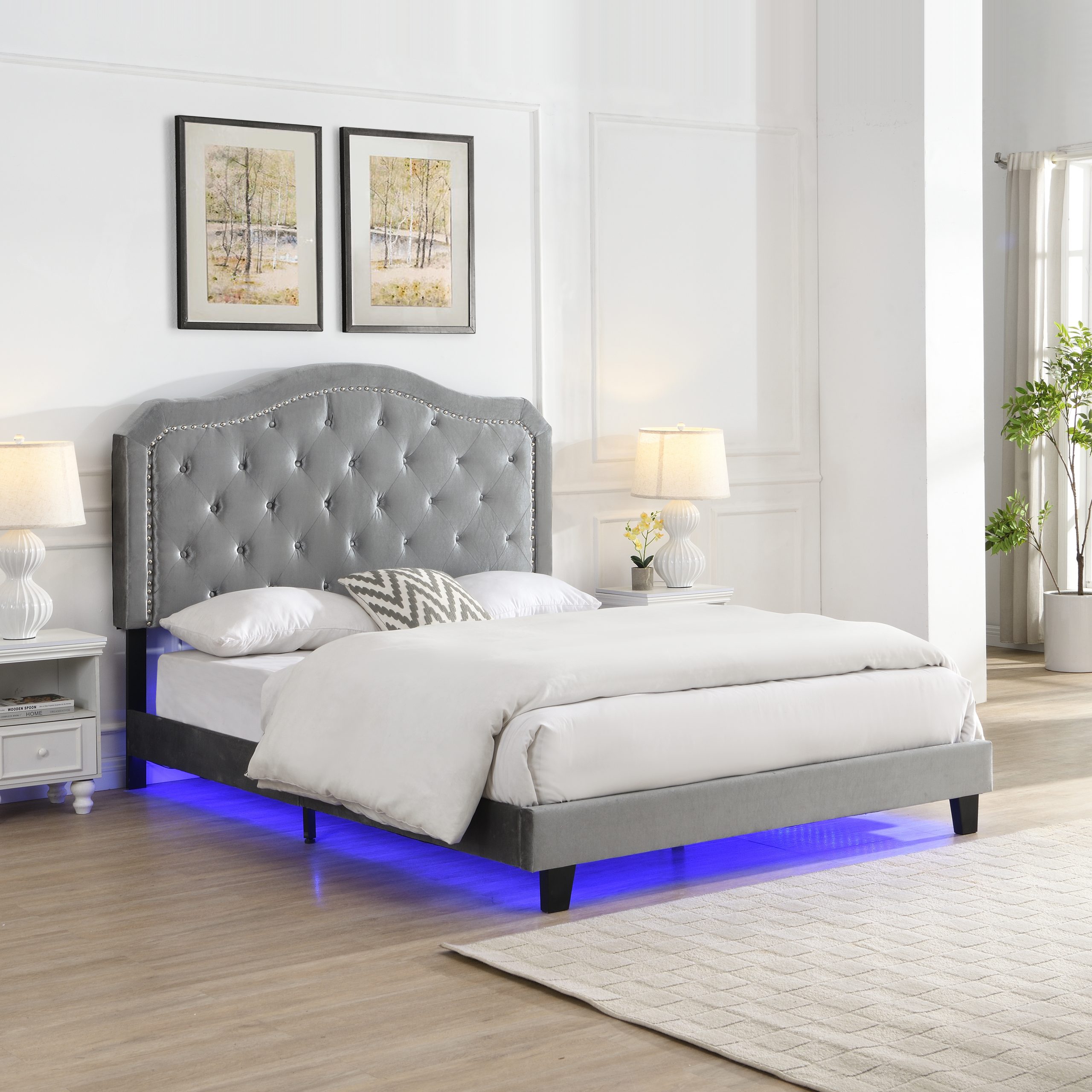 Upholstered Bed Button Tufted with Curve Design – Strong Wood Slat Support – Easy Assembly – Light Grey Velvet – With LED light-platform bed – Queen