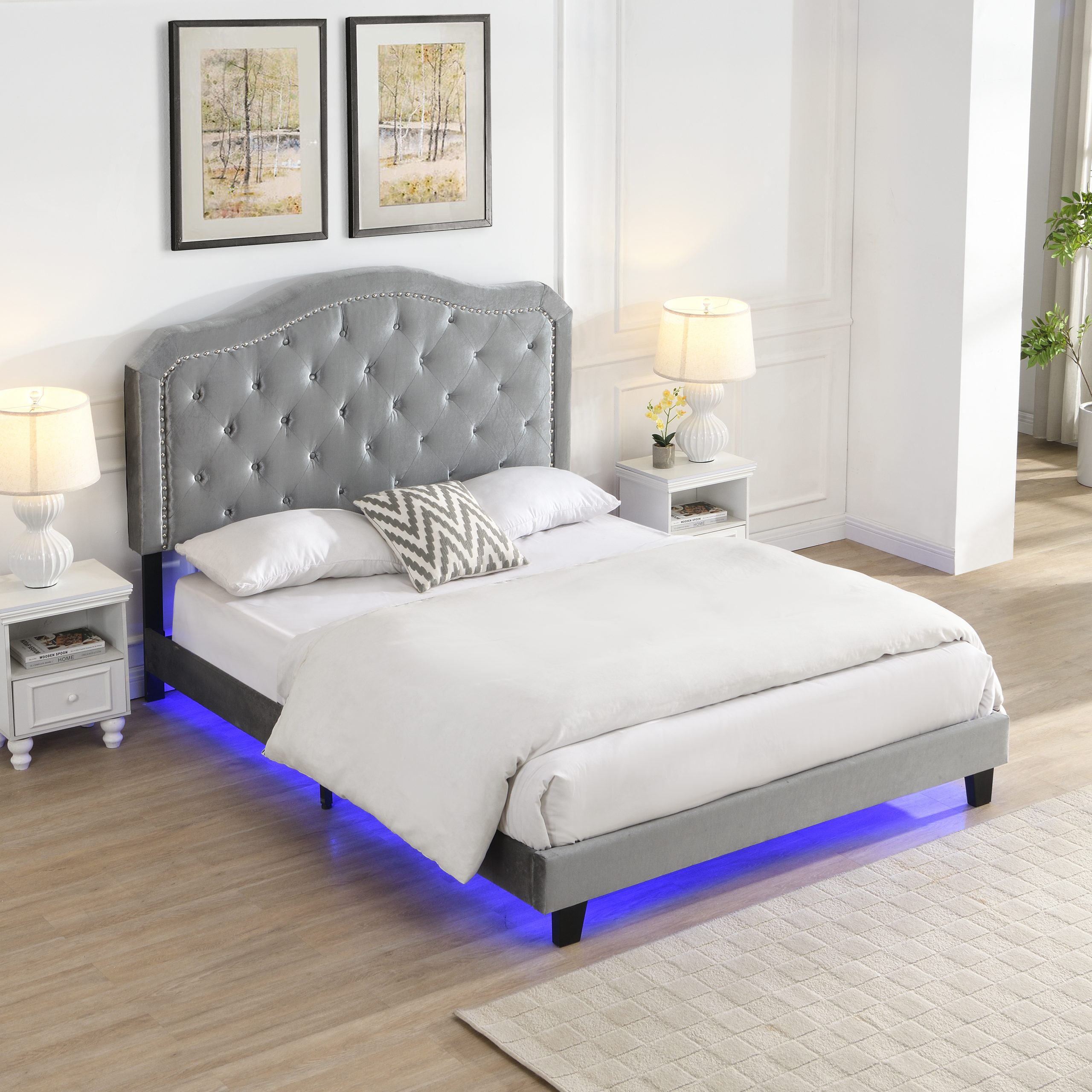 Upholstered Bed Button Tufted with Curve Design - Strong Wood Slat Support - Easy Assembly - Light Grey Velvet - With LED light-platform bed - Queen - Image 2