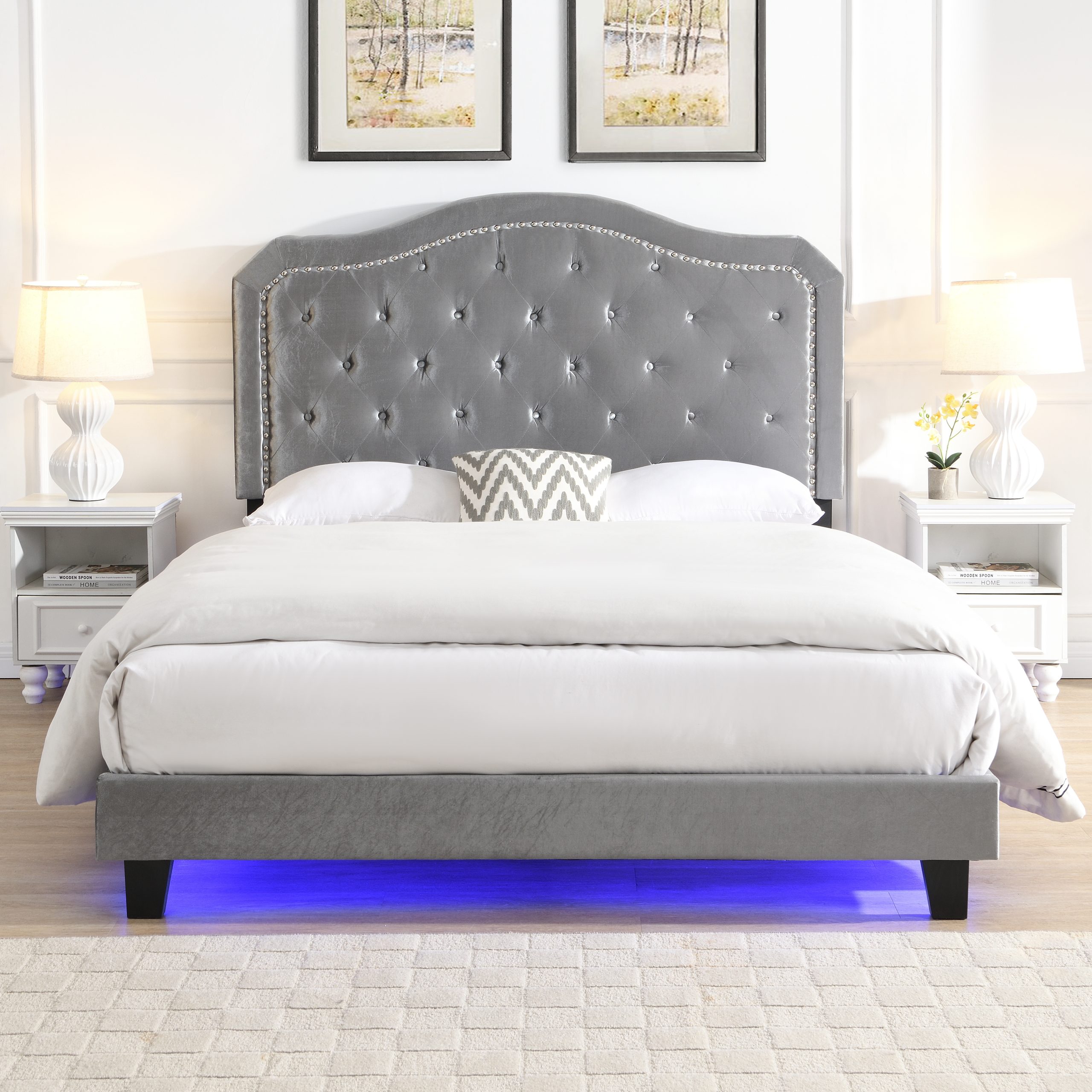 Upholstered Bed Button Tufted with Curve Design - Strong Wood Slat Support - Easy Assembly - Light Grey Velvet - With LED light-platform bed - Queen - Image 3