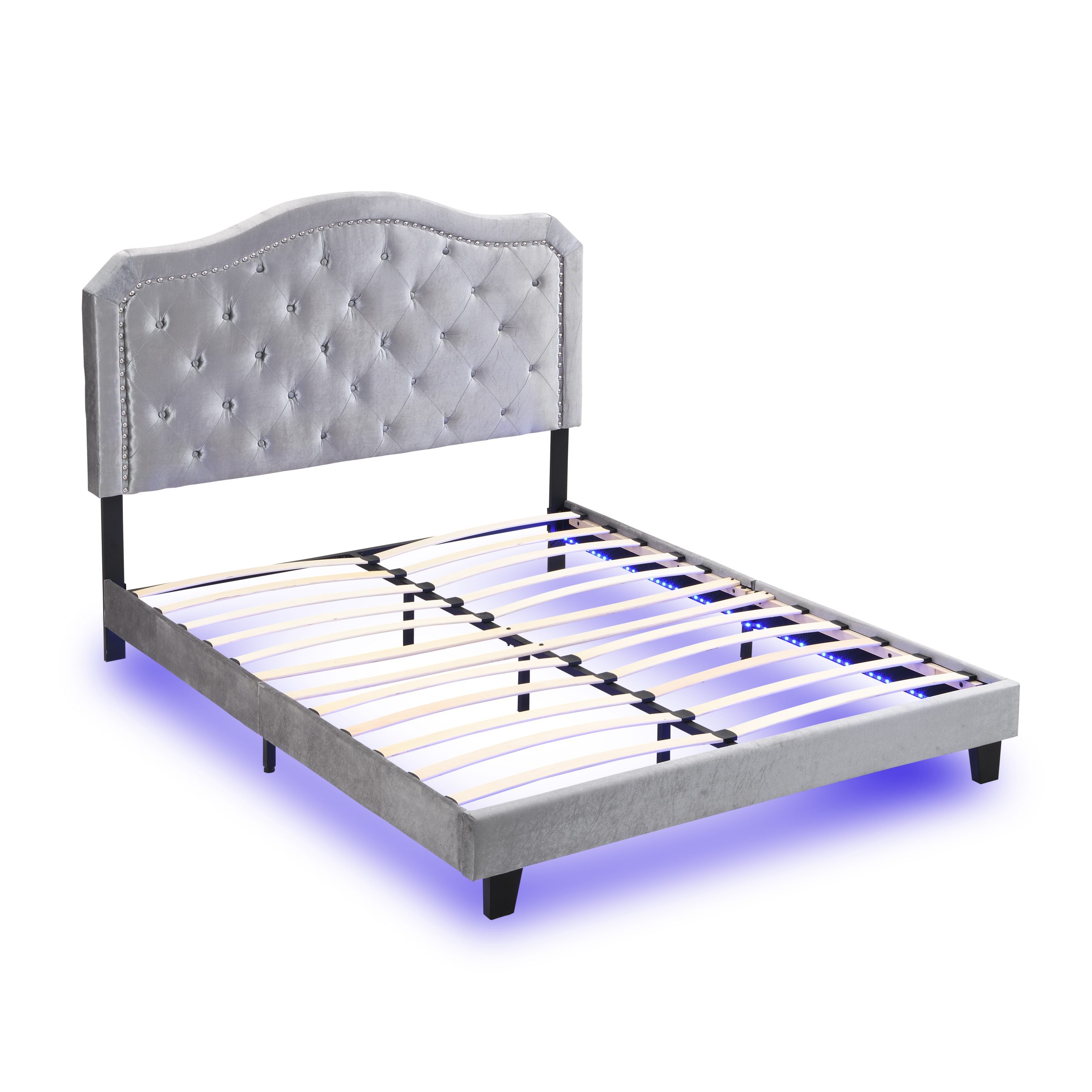 Upholstered Bed Button Tufted with Curve Design - Strong Wood Slat Support - Easy Assembly - Light Grey Velvet - With LED light-platform bed - Queen - Image 4