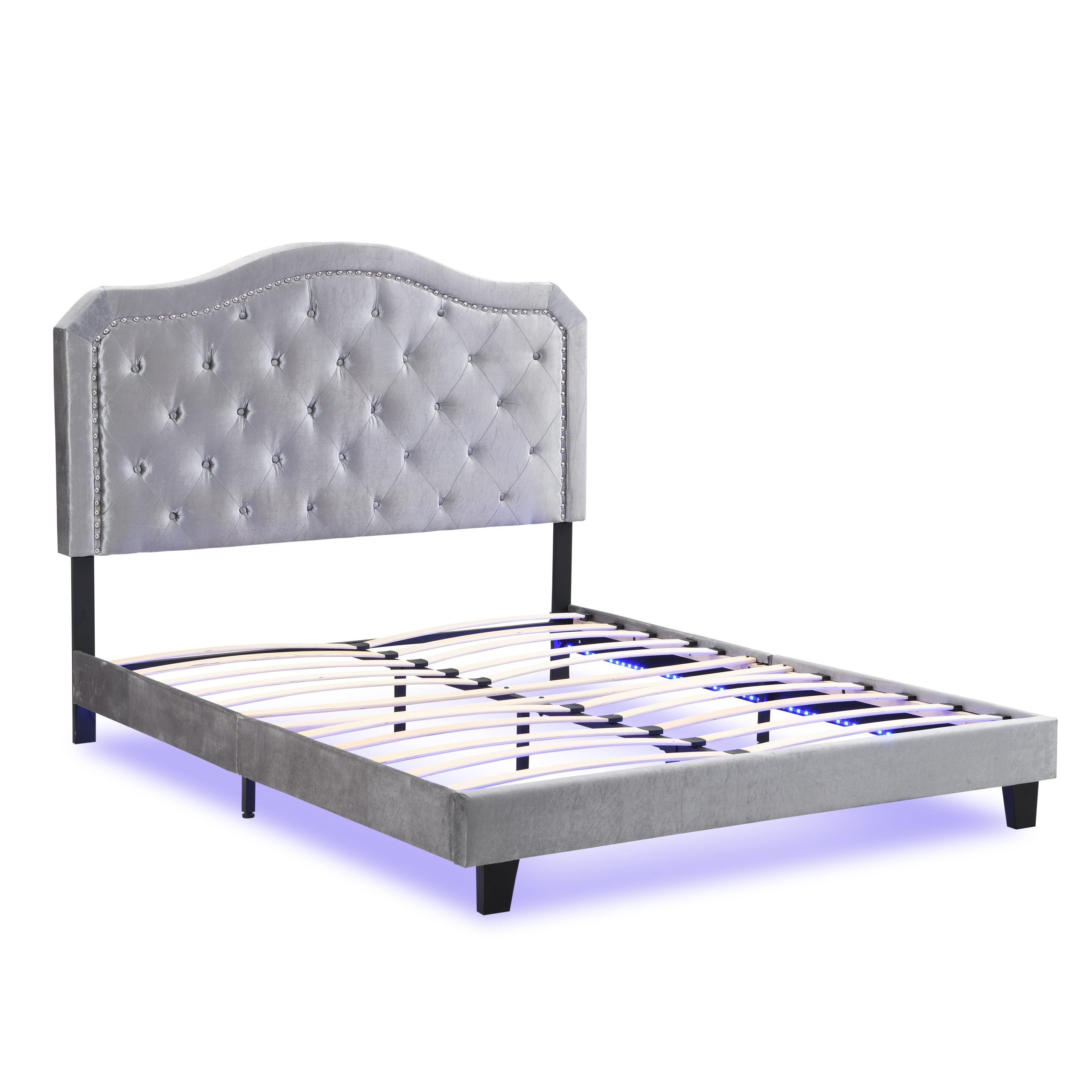 Upholstered Bed Button Tufted with Curve Design - Strong Wood Slat Support - Easy Assembly - Light Grey Velvet - With LED light-platform bed - Queen - Image 5
