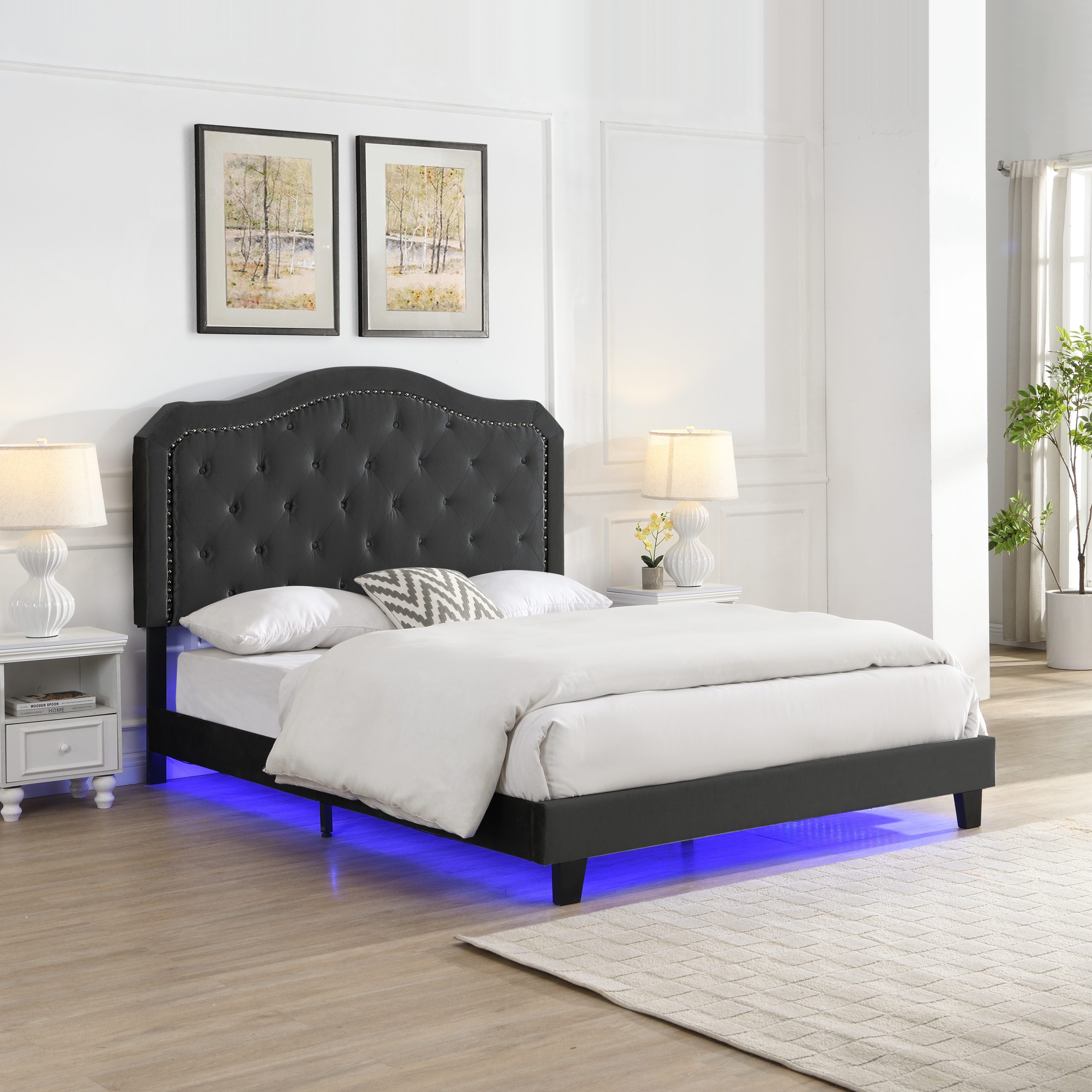 Upholstered Bed Button Tufted with Curve Design – Strong Wood Slat Support – Easy Assembly – Black Velvet – With LED light-platform bed – Queen