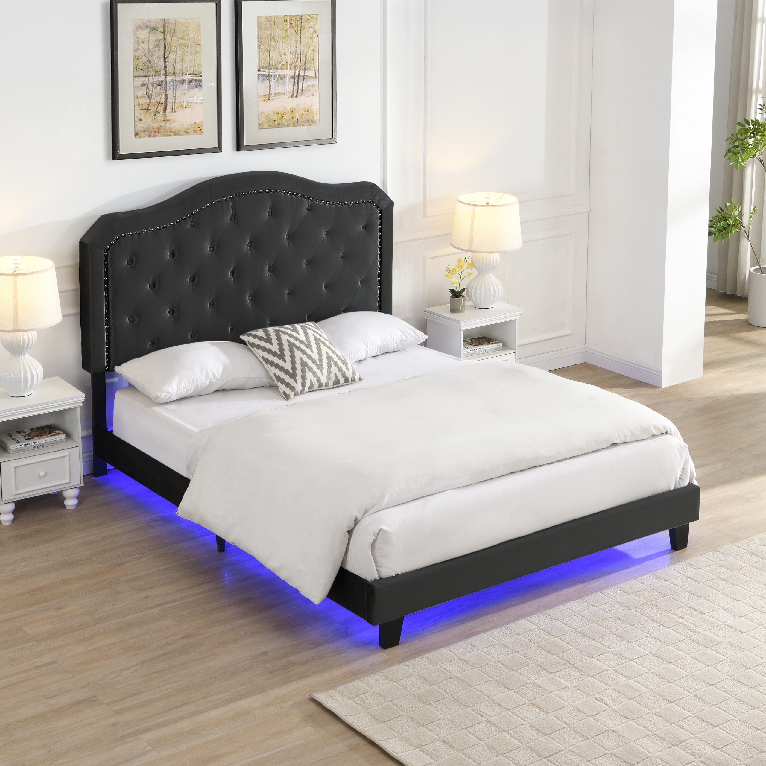 Upholstered Bed Button Tufted with Curve Design - Strong Wood Slat Support - Easy Assembly - Black Velvet - With LED light-platform bed - Queen - Image 2