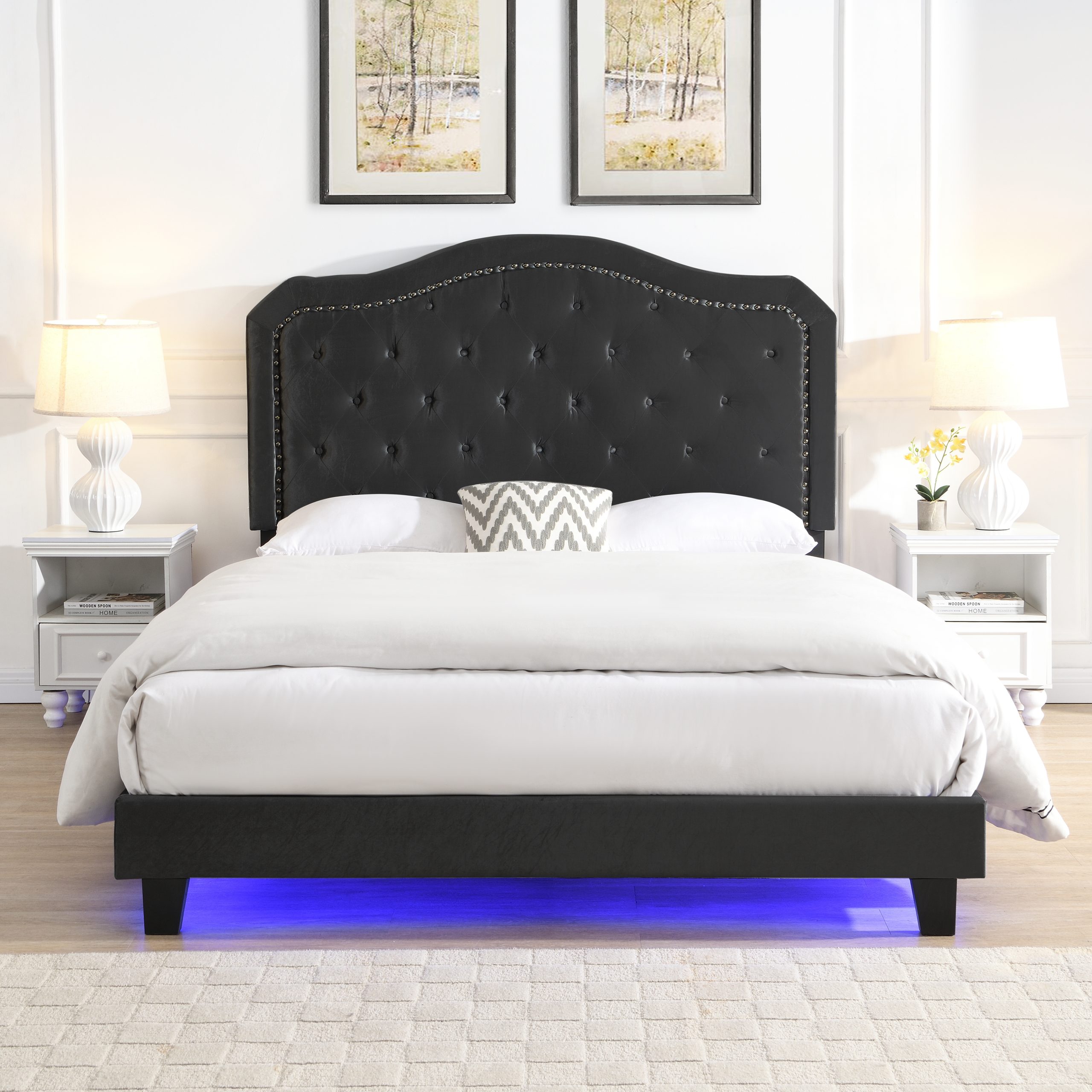 Upholstered Bed Button Tufted with Curve Design - Strong Wood Slat Support - Easy Assembly - Black Velvet - With LED light-platform bed - Queen - Image 3