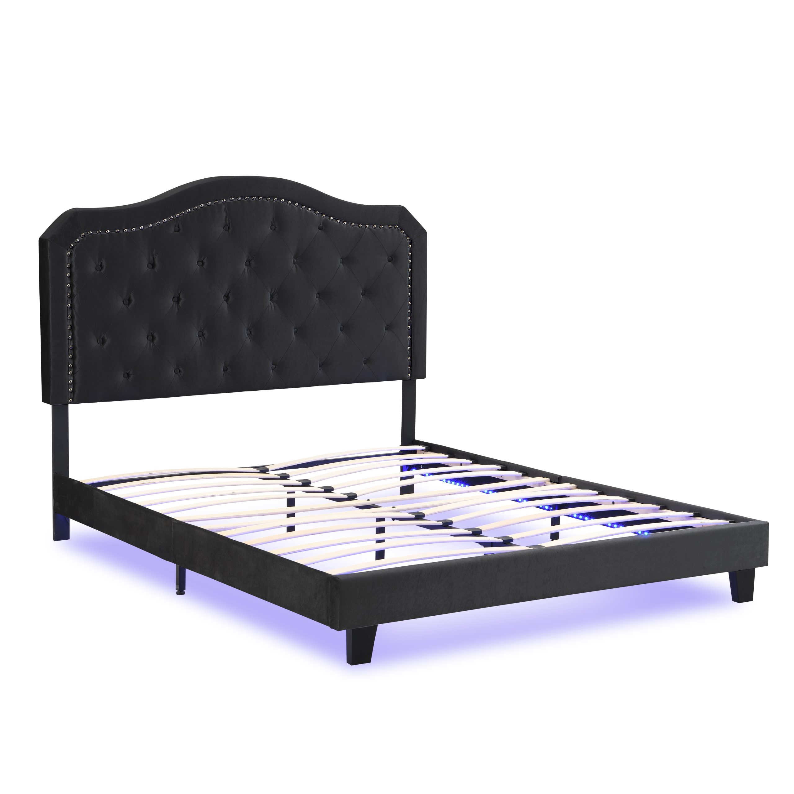 Upholstered Bed Button Tufted with Curve Design - Strong Wood Slat Support - Easy Assembly - Black Velvet - With LED light-platform bed - Queen - Image 4