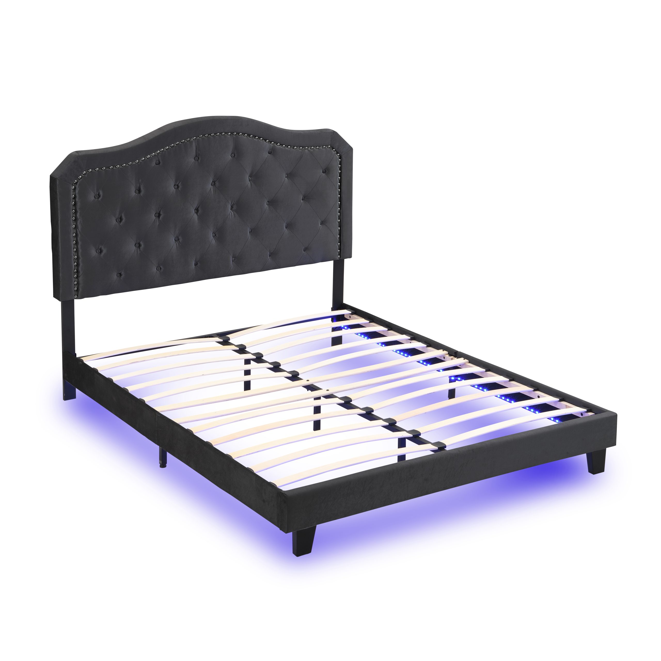 Upholstered Bed Button Tufted with Curve Design - Strong Wood Slat Support - Easy Assembly - Black Velvet - With LED light-platform bed - Queen - Image 5