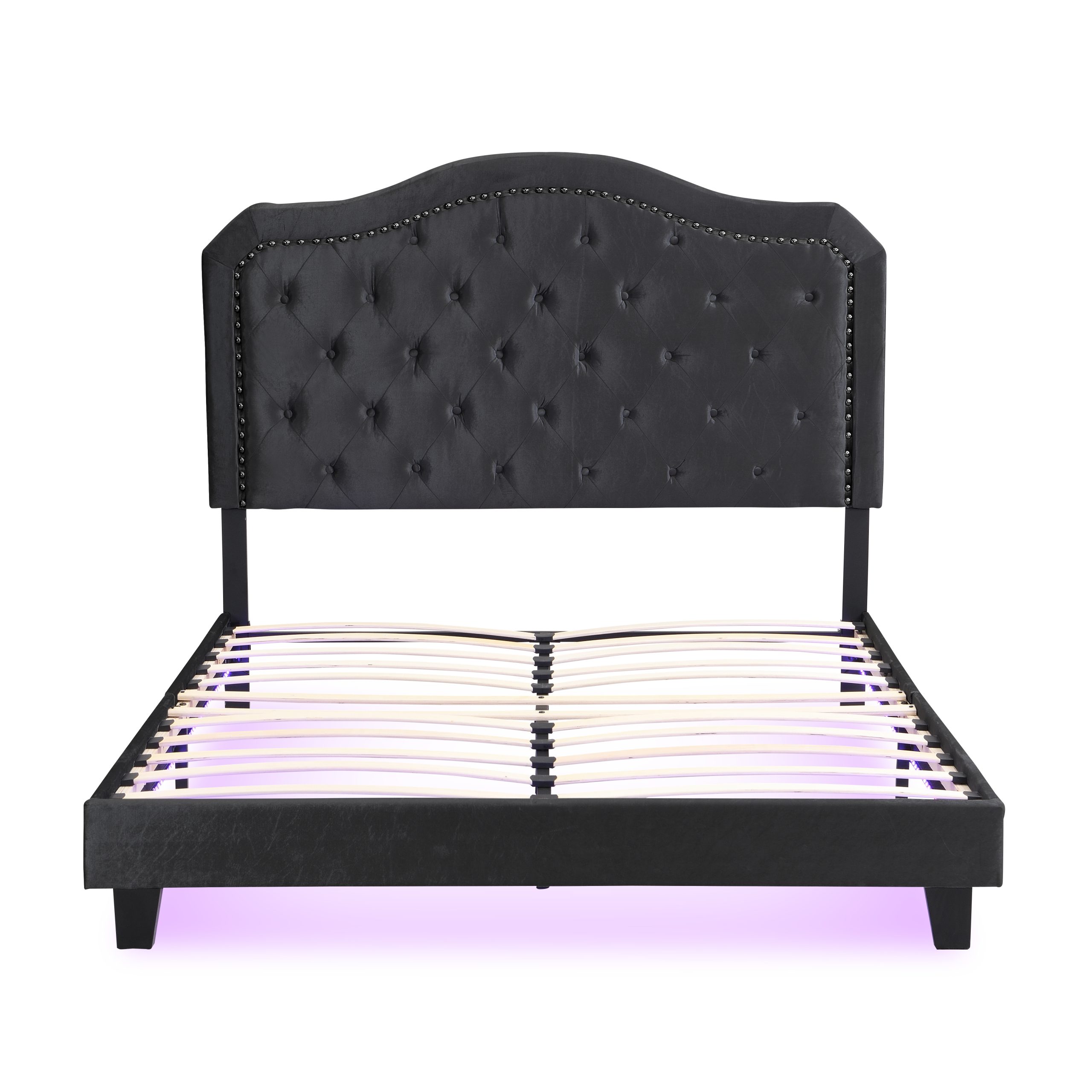 Upholstered Bed Button Tufted with Curve Design - Strong Wood Slat Support - Easy Assembly - Black Velvet - With LED light-platform bed - Queen - Image 6