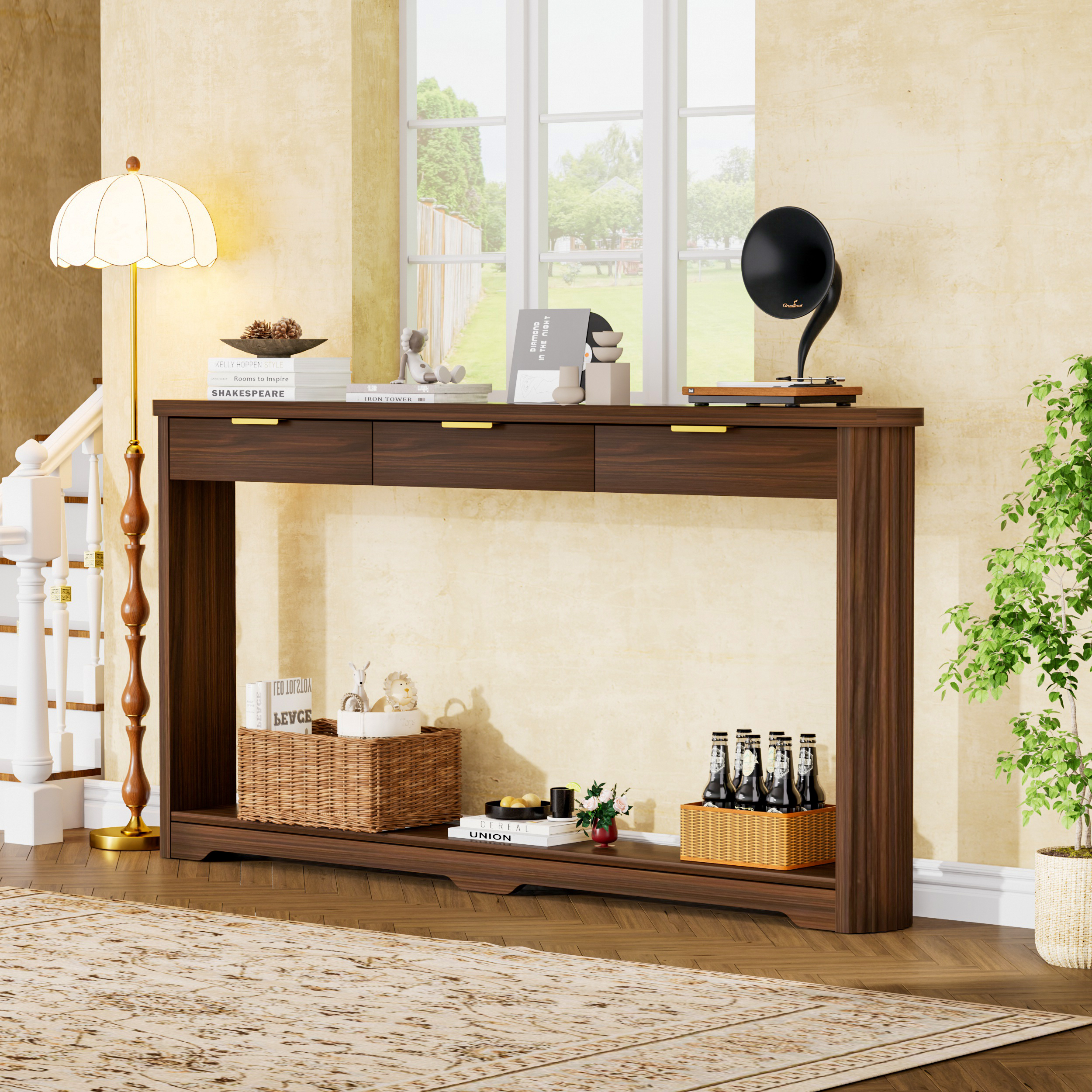 70.1" Wavy-Patterned Storage Table with Drawers; a slim wooden side table that can be placed behind a sofa, ideal for entryways, hallways, and doorways.Walnut.70.1"L*8.7"W*35.5"H - Image 3
