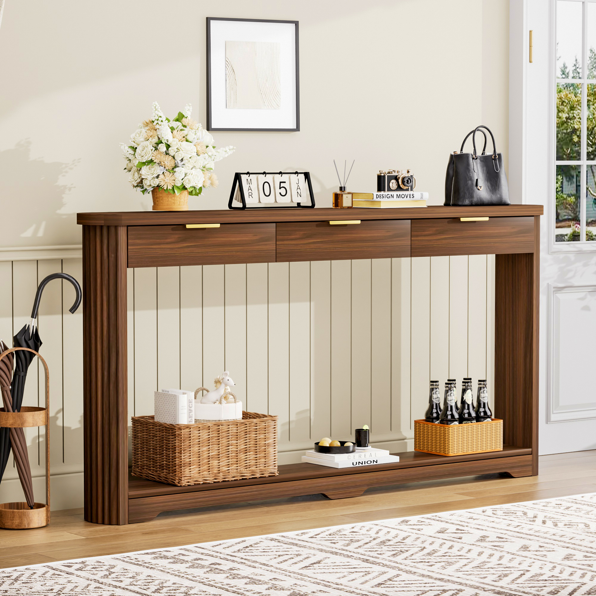 70.1" Wavy-Patterned Storage Table with Drawers; a slim wooden side table that can be placed behind a sofa, ideal for entryways, hallways, and doorways.Walnut.70.1"L*8.7"W*35.5"H - Image 2