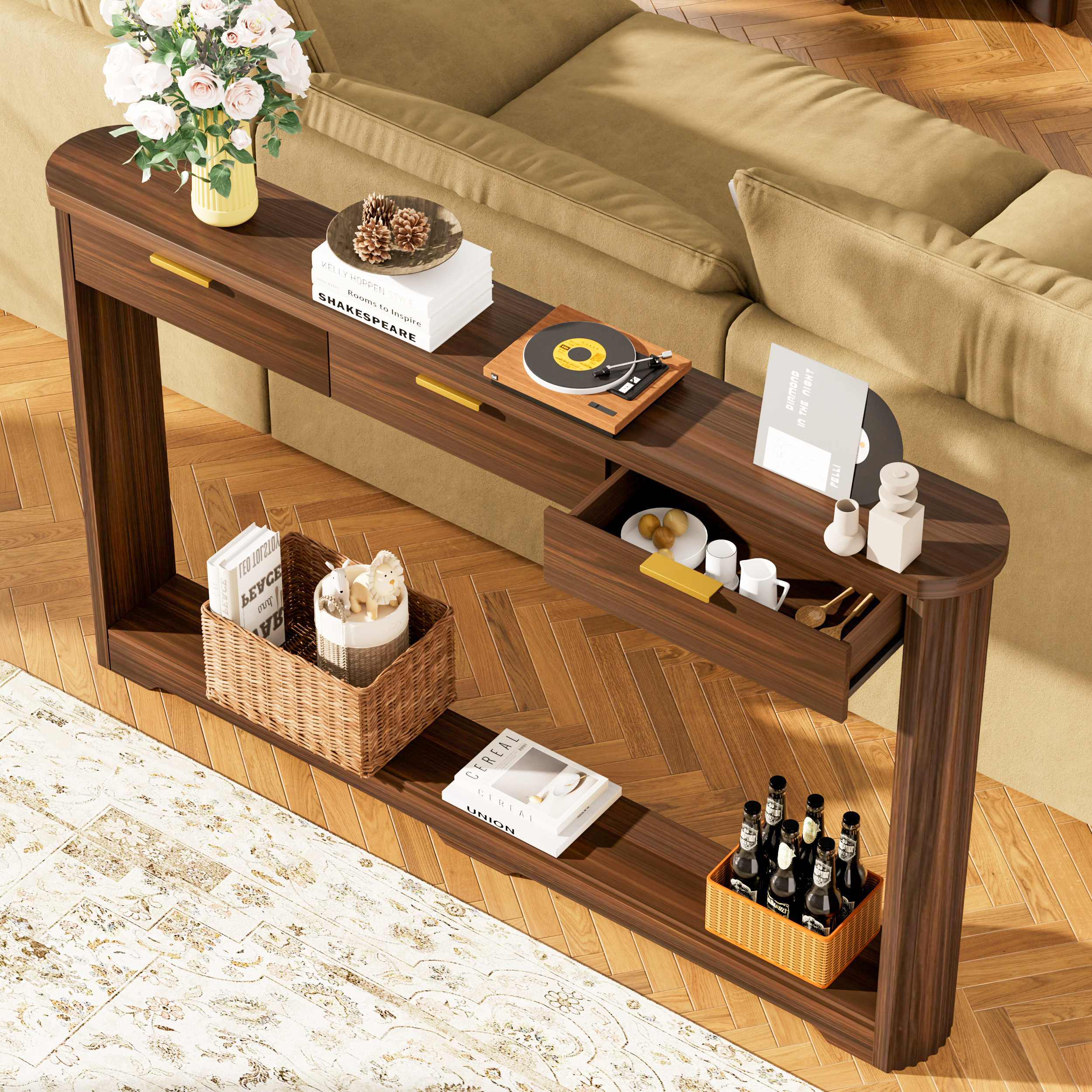70.1" Wavy-Patterned Storage Table with Drawers; a slim wooden side table that can be placed behind a sofa, ideal for entryways, hallways, and doorways.Walnut.70.1"L*8.7"W*35.5"H - Image 5