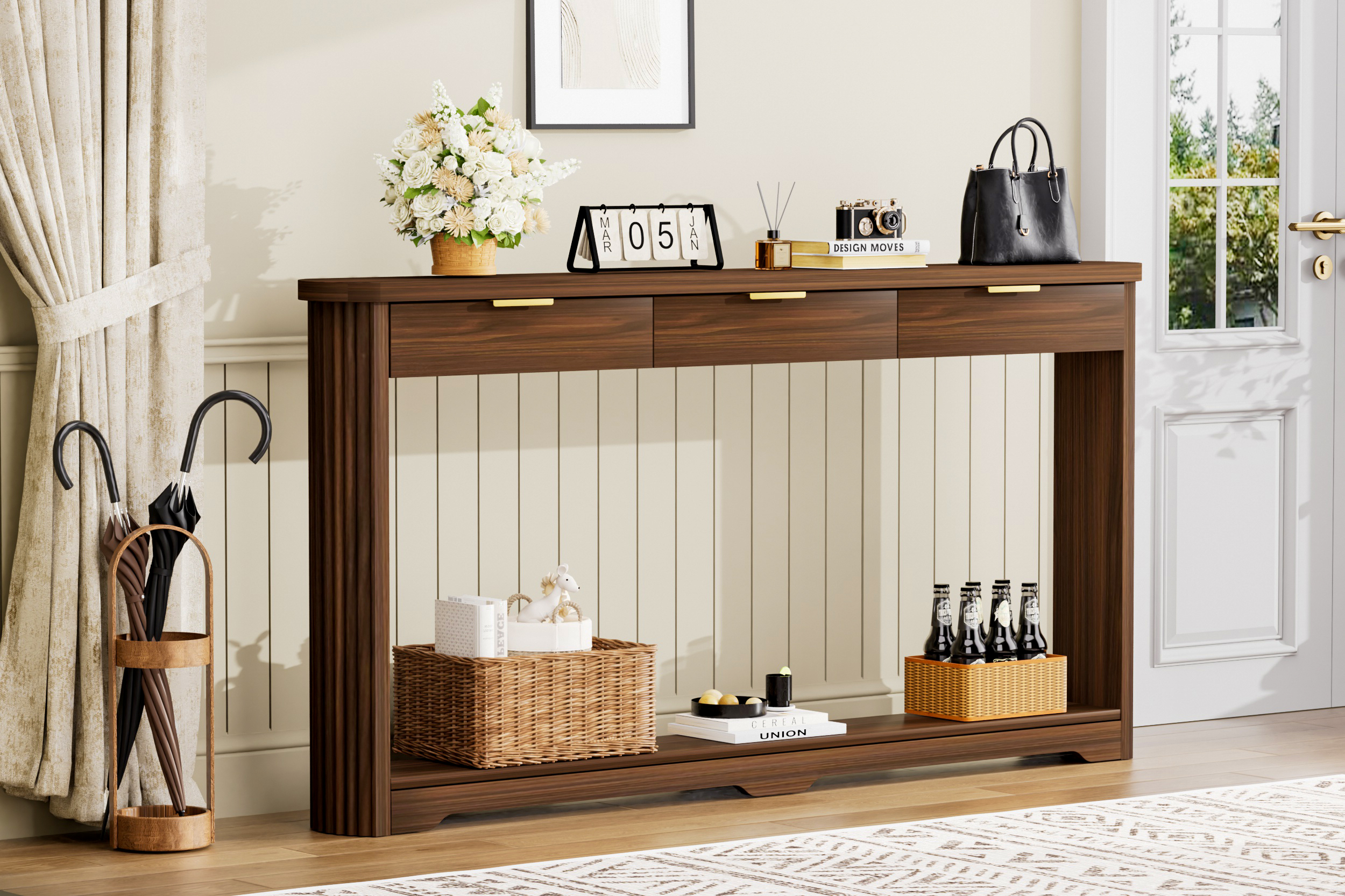 70.1" Wavy-Patterned Storage Table with Drawers; a slim wooden side table that can be placed behind a sofa, ideal for entryways, hallways, and doorways.Walnut.70.1"L*8.7"W*35.5"H - Image 6