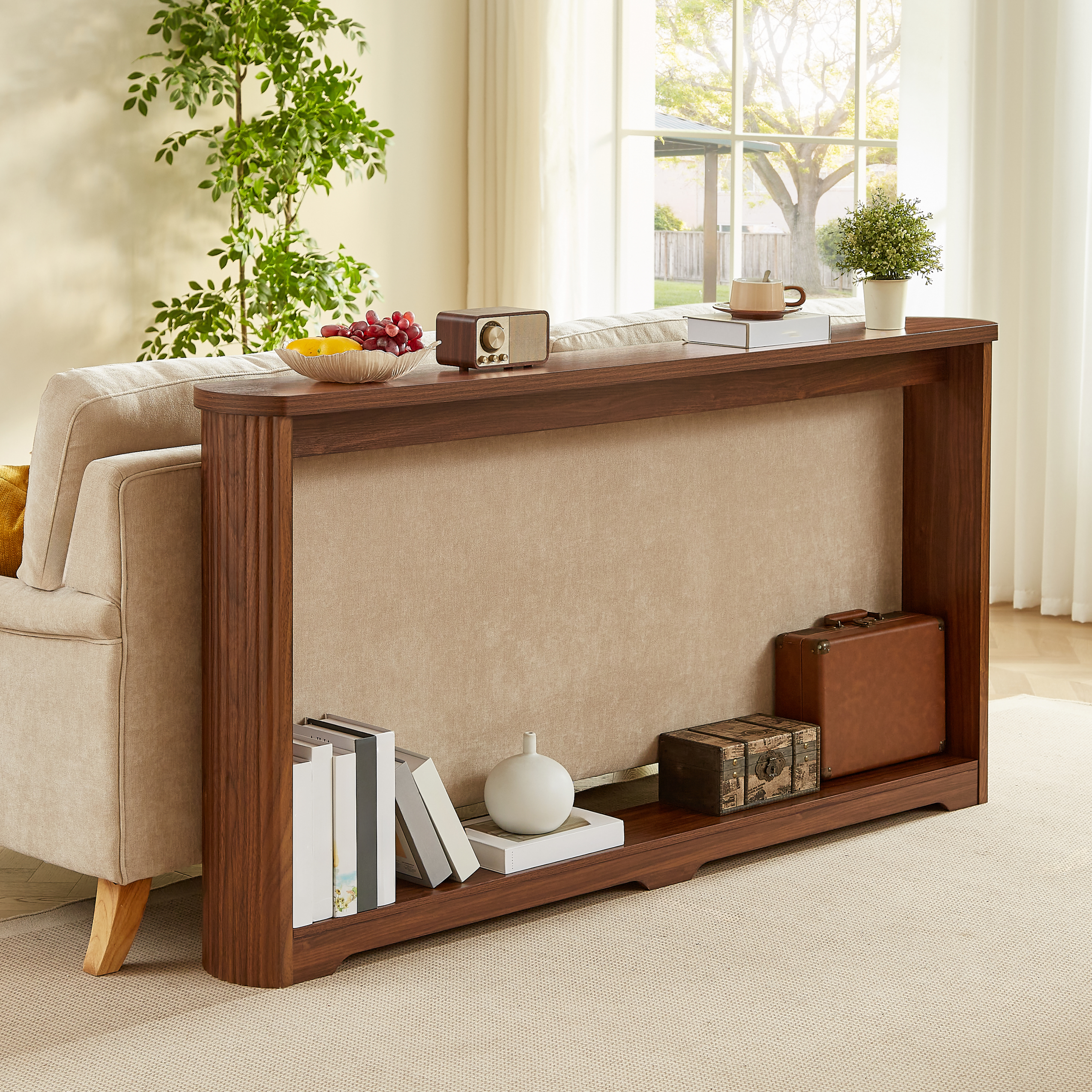 70.1"corrugated texture storage table for entranceways, narrow wooden console sofa table, can be placed behind the sofa, suitable for entranceways, corridors, and front door.Walnut.70.1"L*8.7"W*35.5"H - Image 2