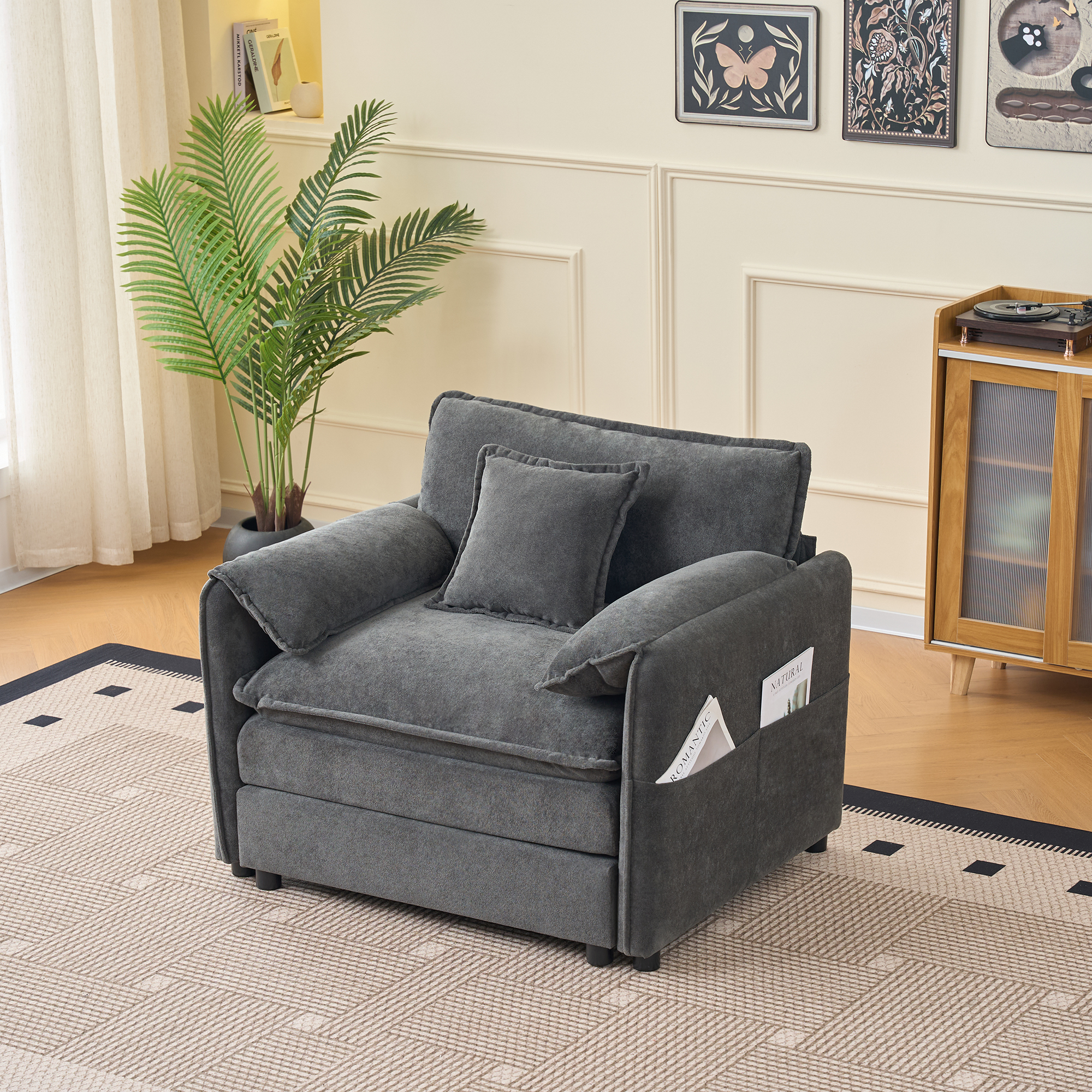 Oversized 41.73" Sofa Chair, Modern Upholstered Armchair with 1 Toss Pillow, Modular Sectional Sofa for Living Room, Deep Seat Reading Sofa for Bedroom Apartment, DIY Combination Chenille,Grey - Image 2
